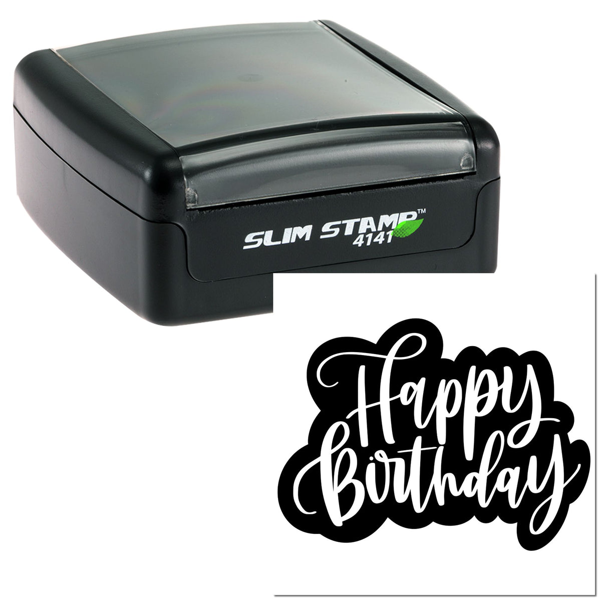Black Slim Stamp 4141 self-inking stamp with clear lid and custom Happy Birthday seal.