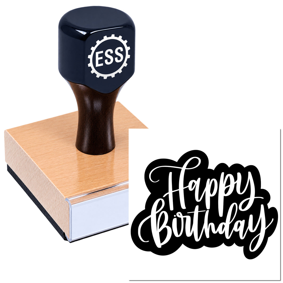 Black custom stamp on wooden block with ESS logo and "Happy Birthday" script seal on white background.