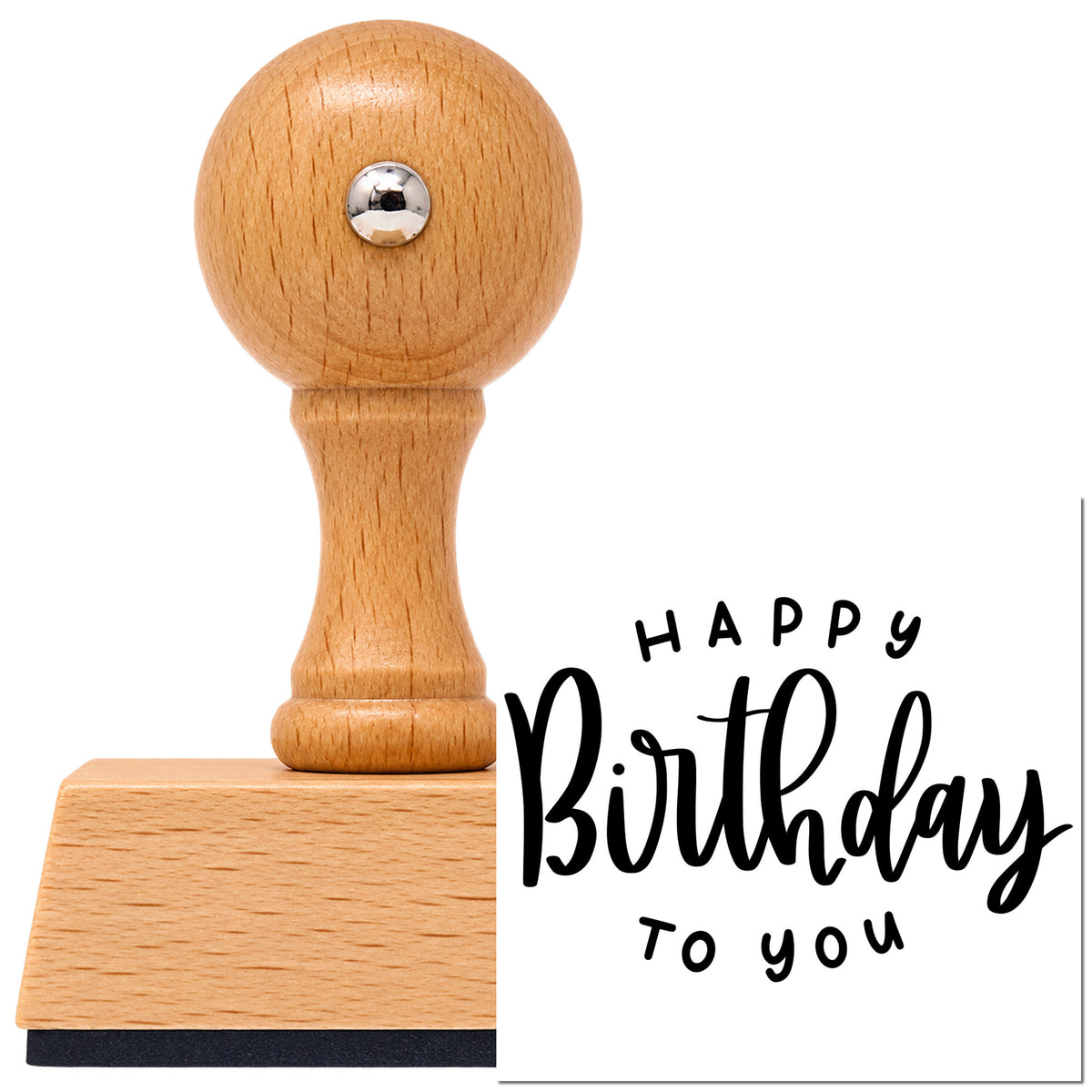 Vintage Pro beech wood stamp with a round knob handle, shown with its black Happy Birthday To You Arch Motif imprint on white.
