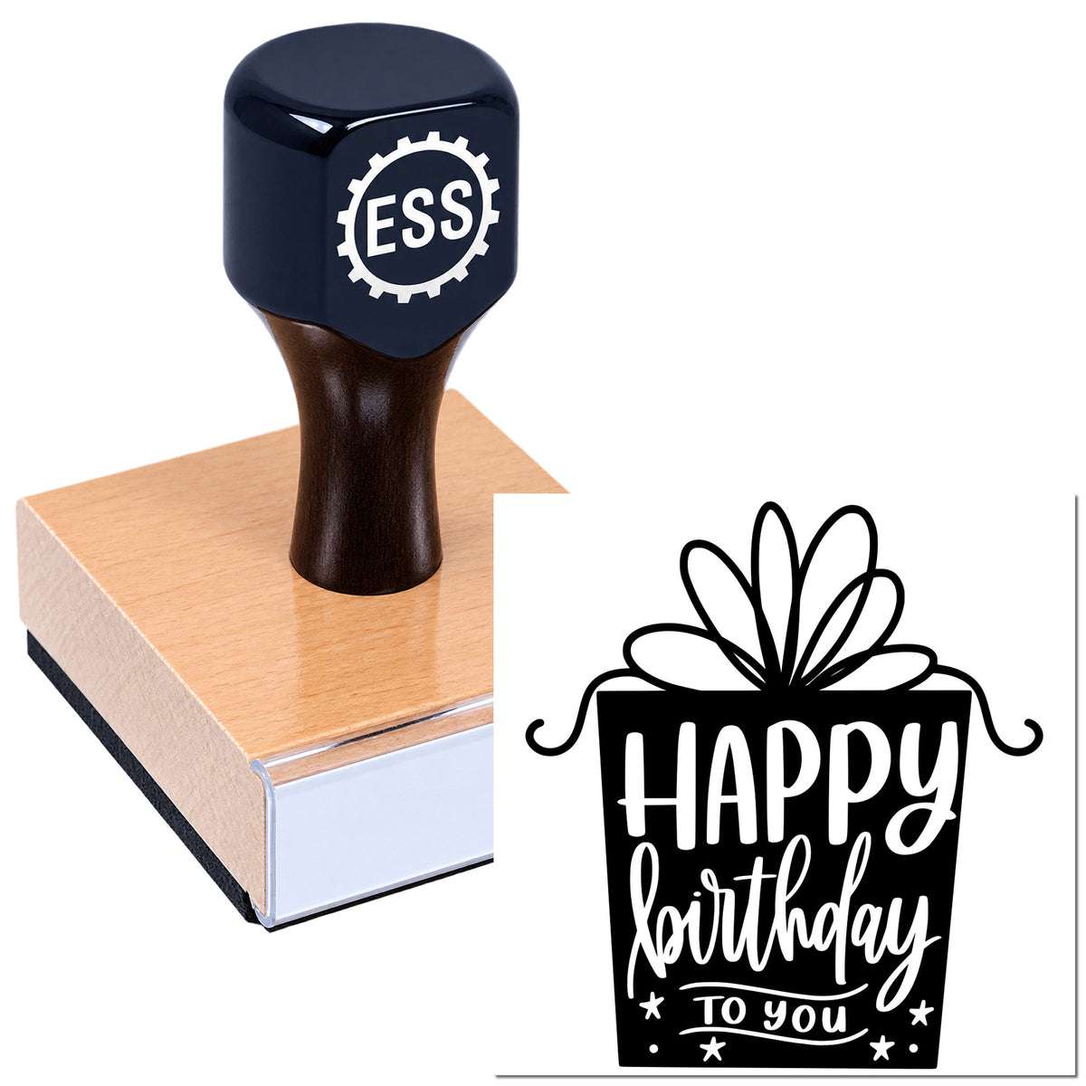 Black ESS rubber stamp on a wooden block, with a black-and-white "Happy Birthday to you" gift seal design.