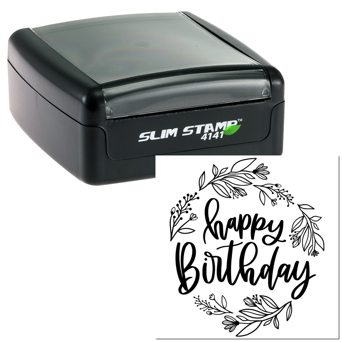 Black Slim Stamp 4141 with translucent gray cap and black floral happy birthday seal design