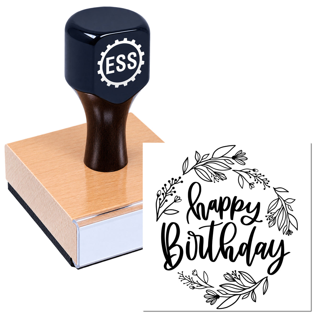 Black ESS stamp with light wood base beside a black floral happy birthday seal design on white.