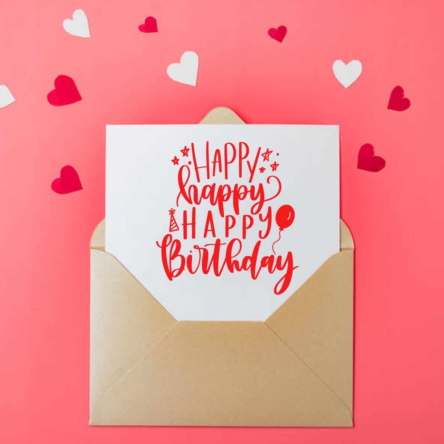 Birthday stamp and seal design on white card in tan envelope, red lettering, pink background, scattered red and white hearts.