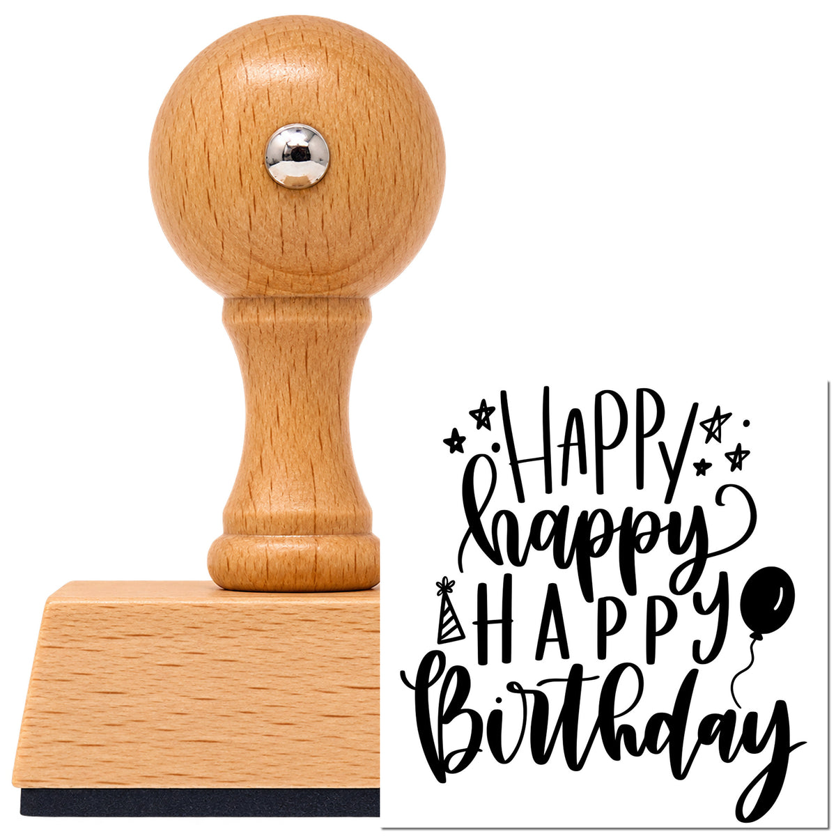 Vintage Pro beech wood stamp with a round knob handle, shown with its black Repeated Happy Birthday Balloons imprint on white.