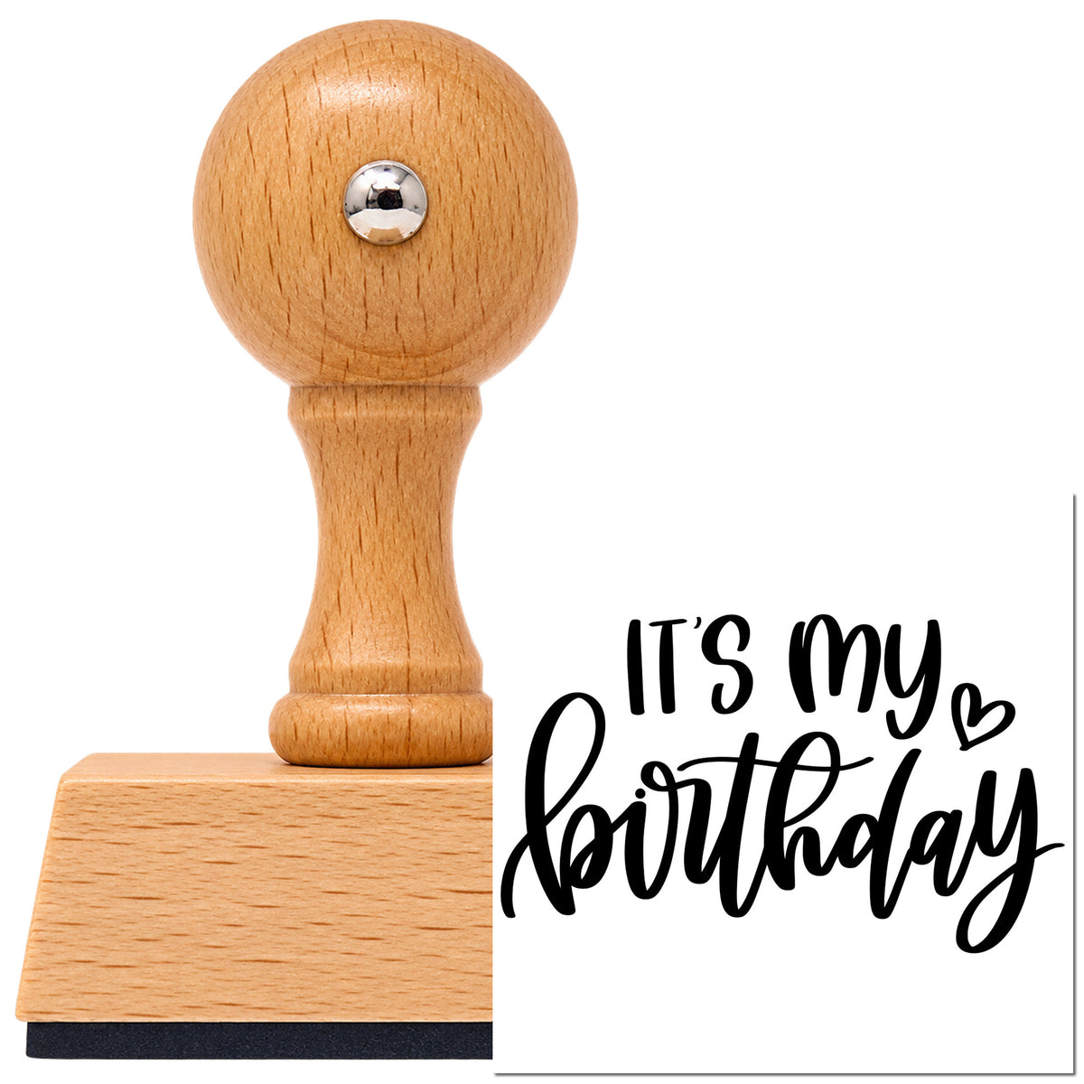 Vintage Pro beech wood stamp with a round knob handle, shown with its black It's My Birthday imprint on white.