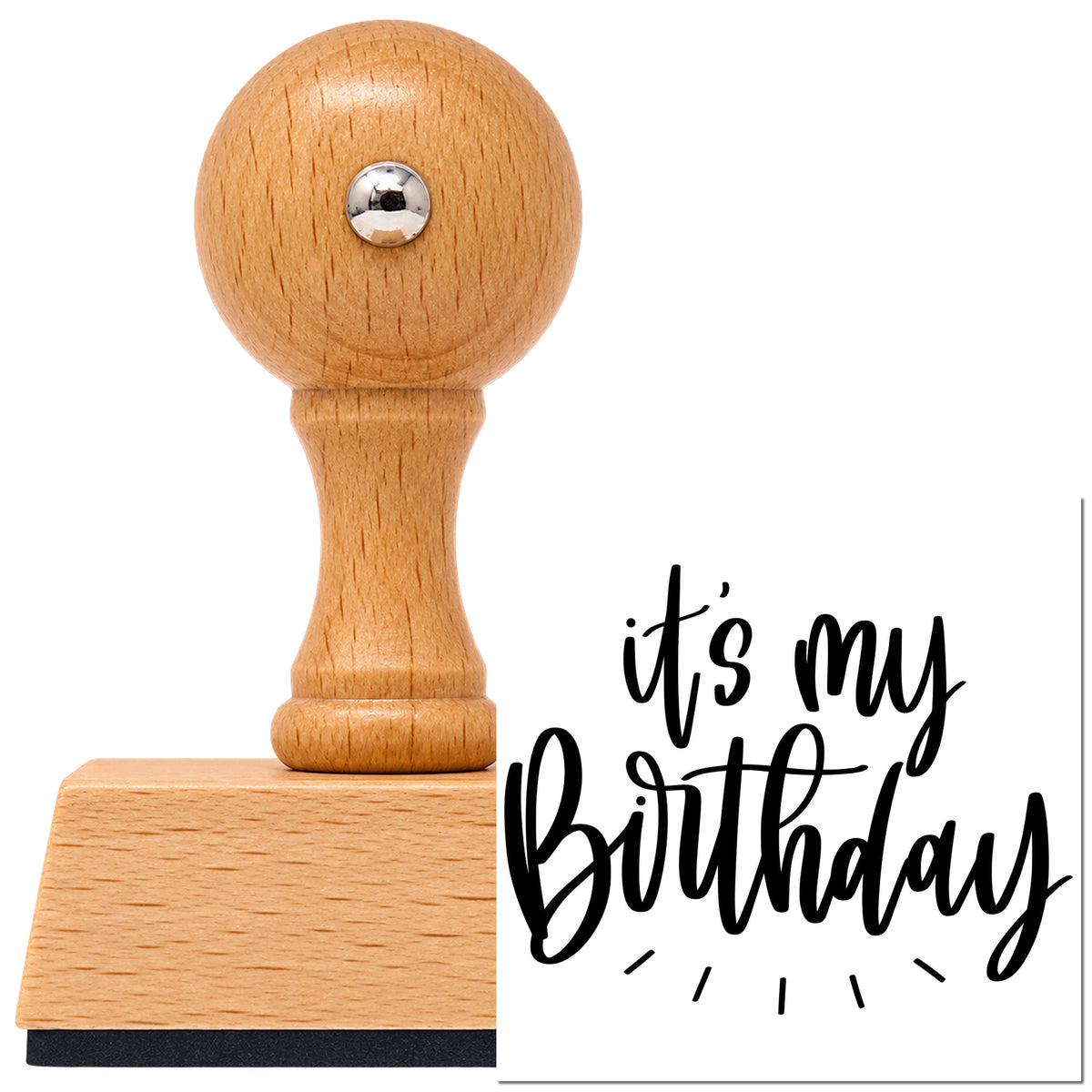 Vintage Pro beech wood stamp with a round knob handle, shown with its black My Birthday Radiating Script imprint on white.