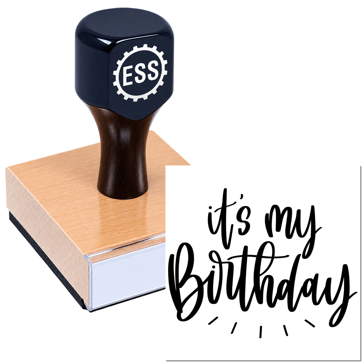 Black custom stamp and seal on a wooden block, stamped with ESS logo and "it's my birthday" design.