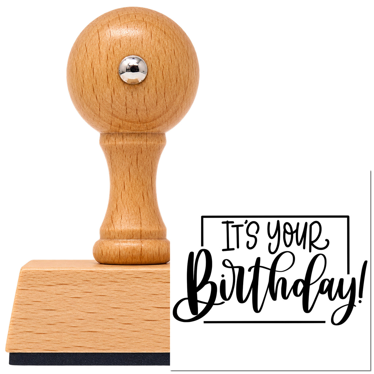 Vintage Pro beech wood stamp with a round knob handle, shown with its black It's Your Birthday! imprint on white.