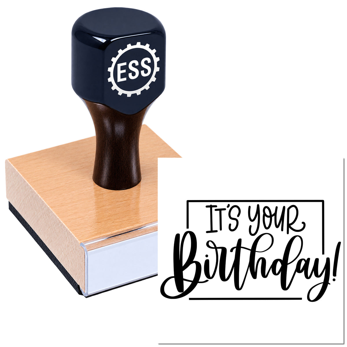 Custom black ESS stamp and seal on a pink wooden block with "It's your birthday!" text on a white background.