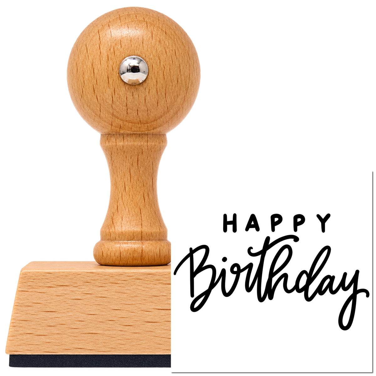 Vintage Pro beech wood stamp with a round knob handle, shown with its black Happy Birthday Spaced Heading Script Lettering imprint on white.