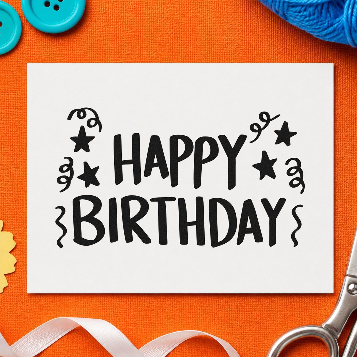 Birthday Stars And Streamers rubber stamp printed in black ink, ready for party run sheet and similar paper crafts.