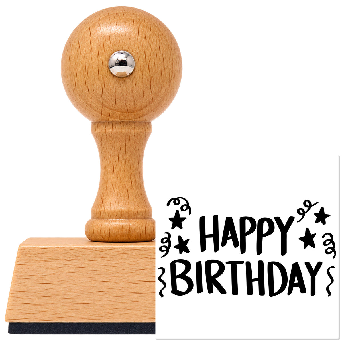 Vintage Pro beech wood stamp with a round knob handle, shown with its black Birthday Stars And Streamers imprint on white.