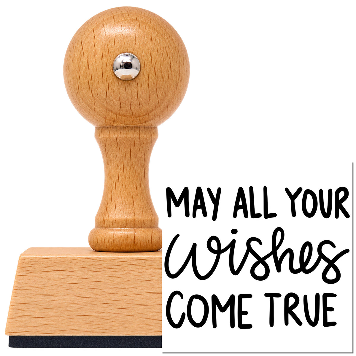 Vintage Pro beech wood stamp with a round knob handle, shown with its black Wishes Come True Hand Lettering imprint on white.