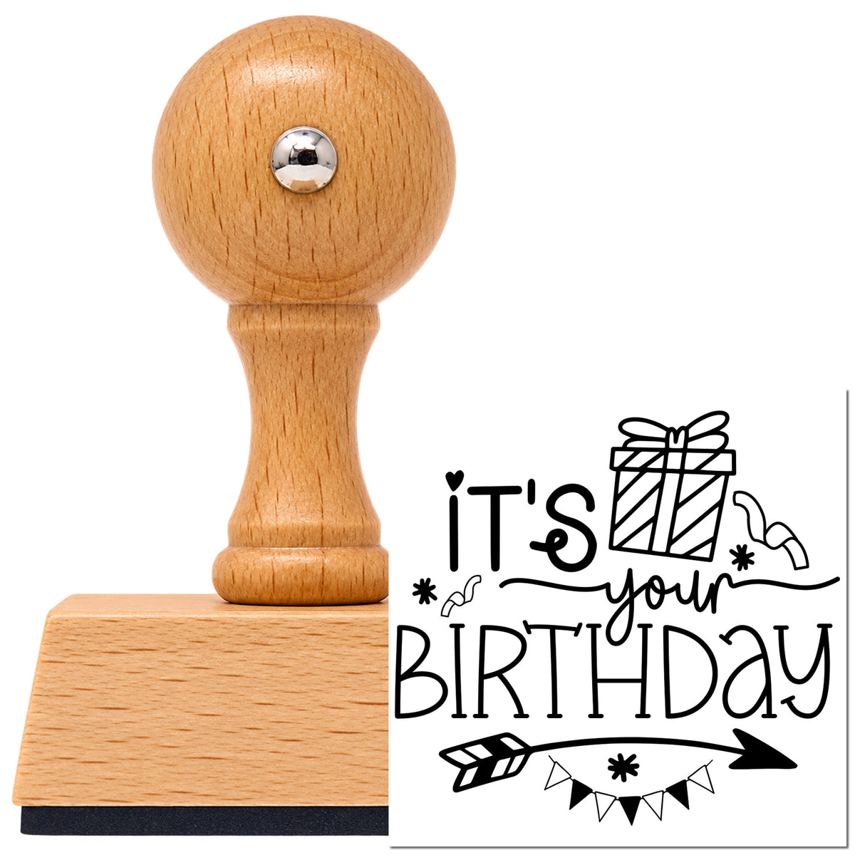 Vintage Pro beech wood stamp with a round knob handle, shown with its black Your Birthday Gift Arrow imprint on white.