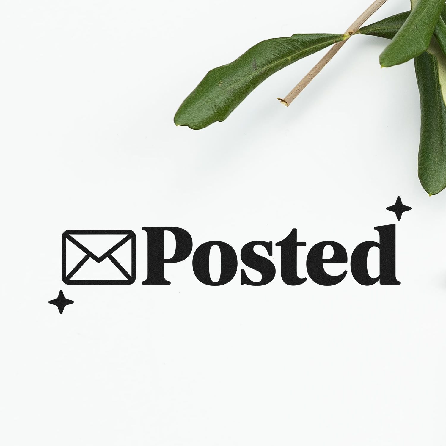 Black Posted stamp and seal with envelope icon, accented by green leaves on a white background.