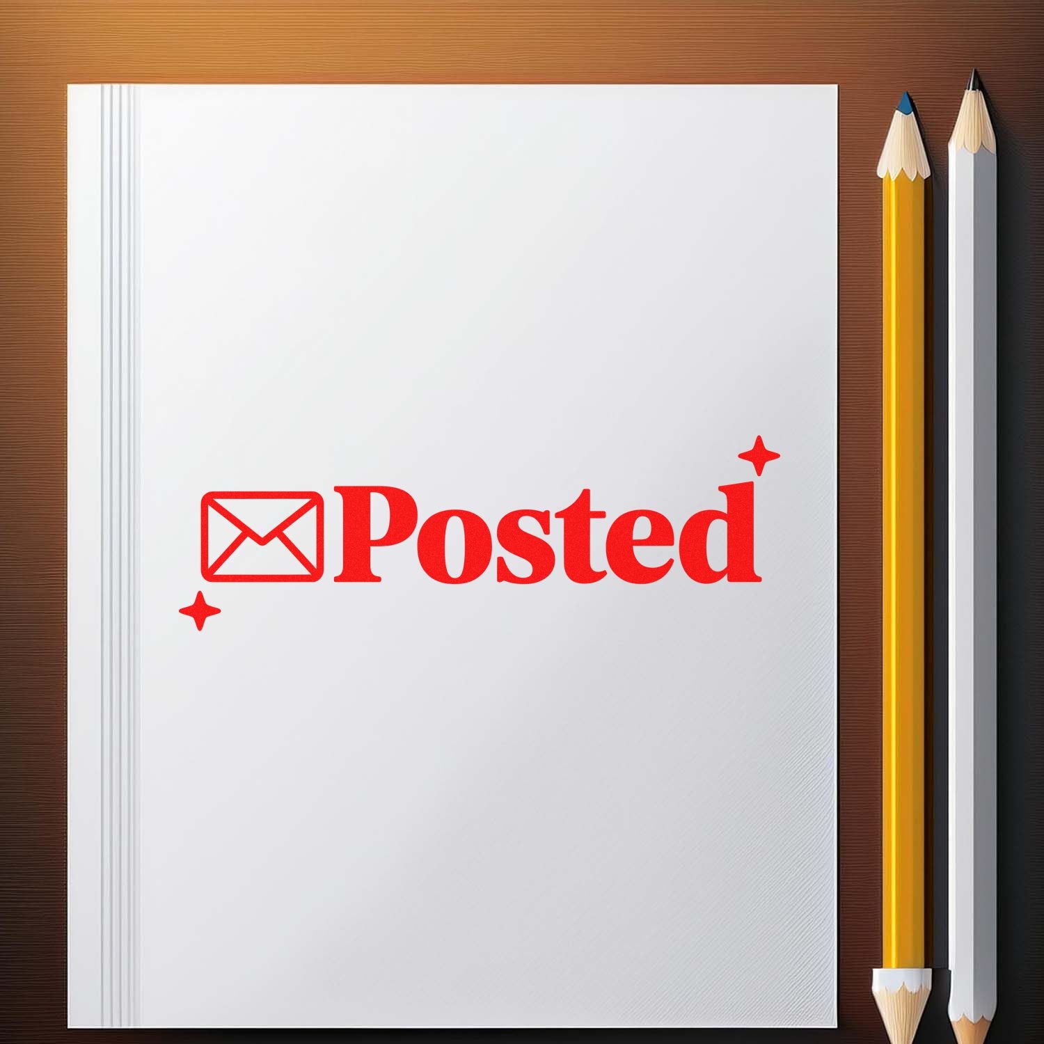 Red Posted stamp and seal with envelope icon on white notebook, beside yellow and white pencils on a brown desk.
