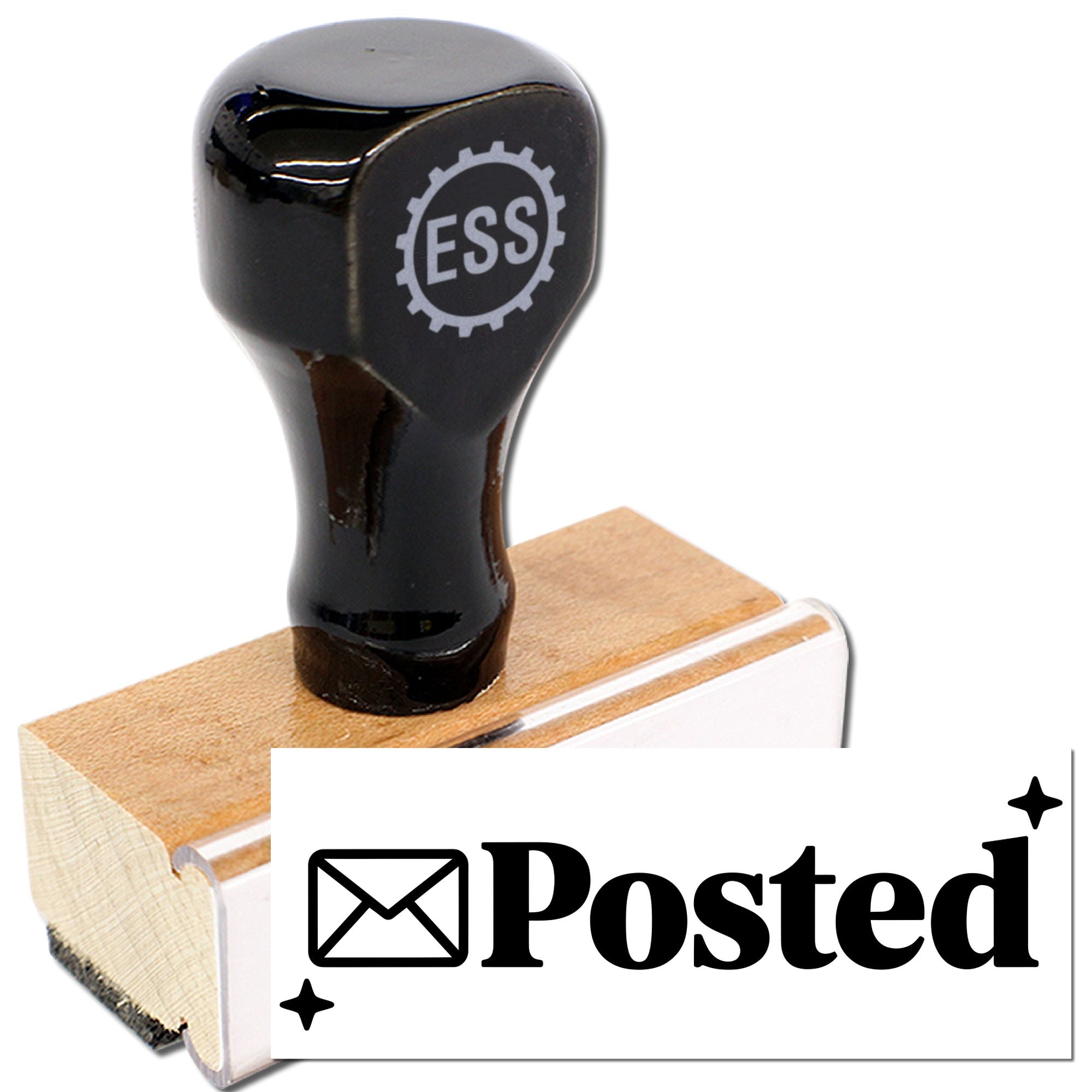 Black postal stamp and seal with ESS logo on a wooden block and white base