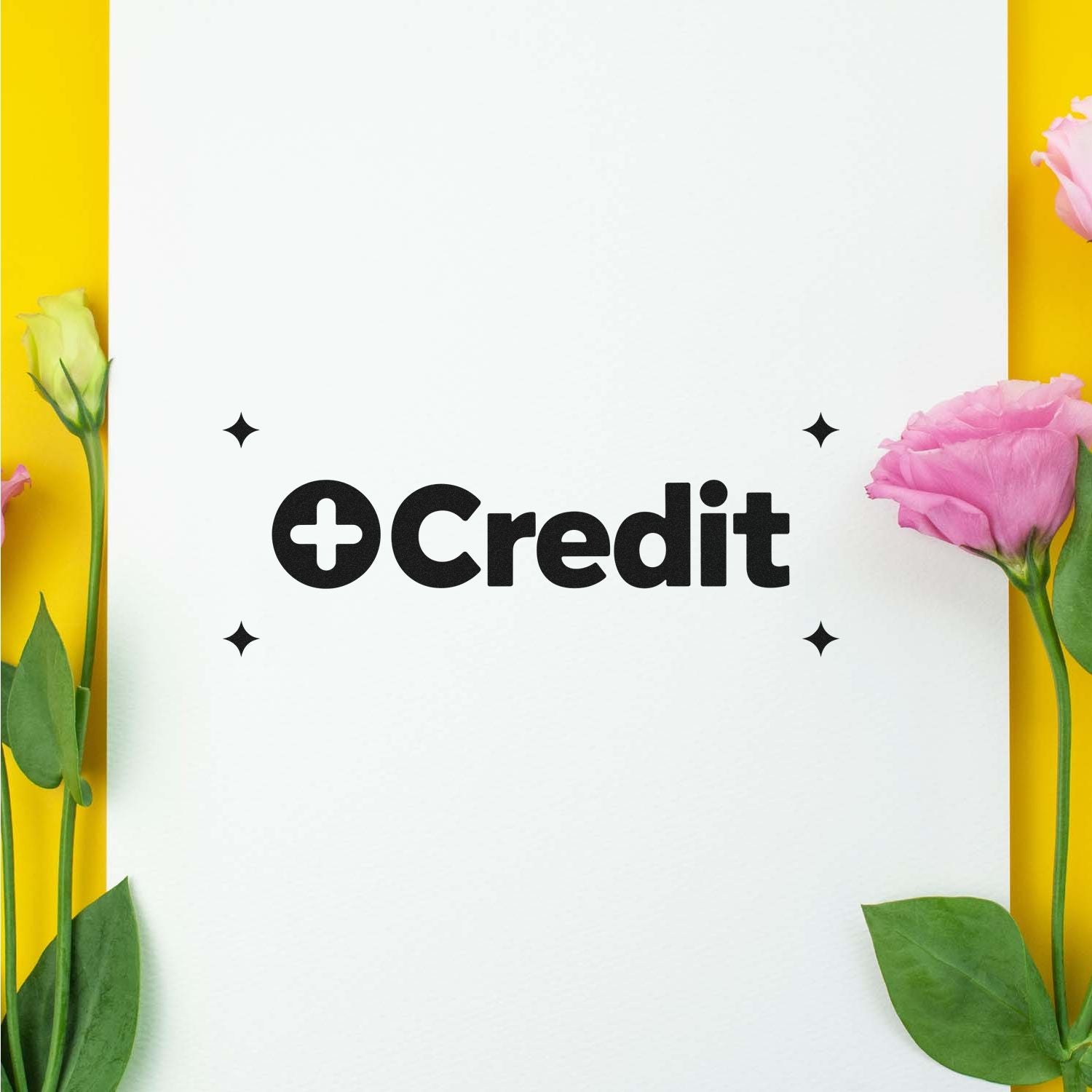 Black Credit stamp and seal logo on white card, with yellow background, pink flowers, and green leaves.