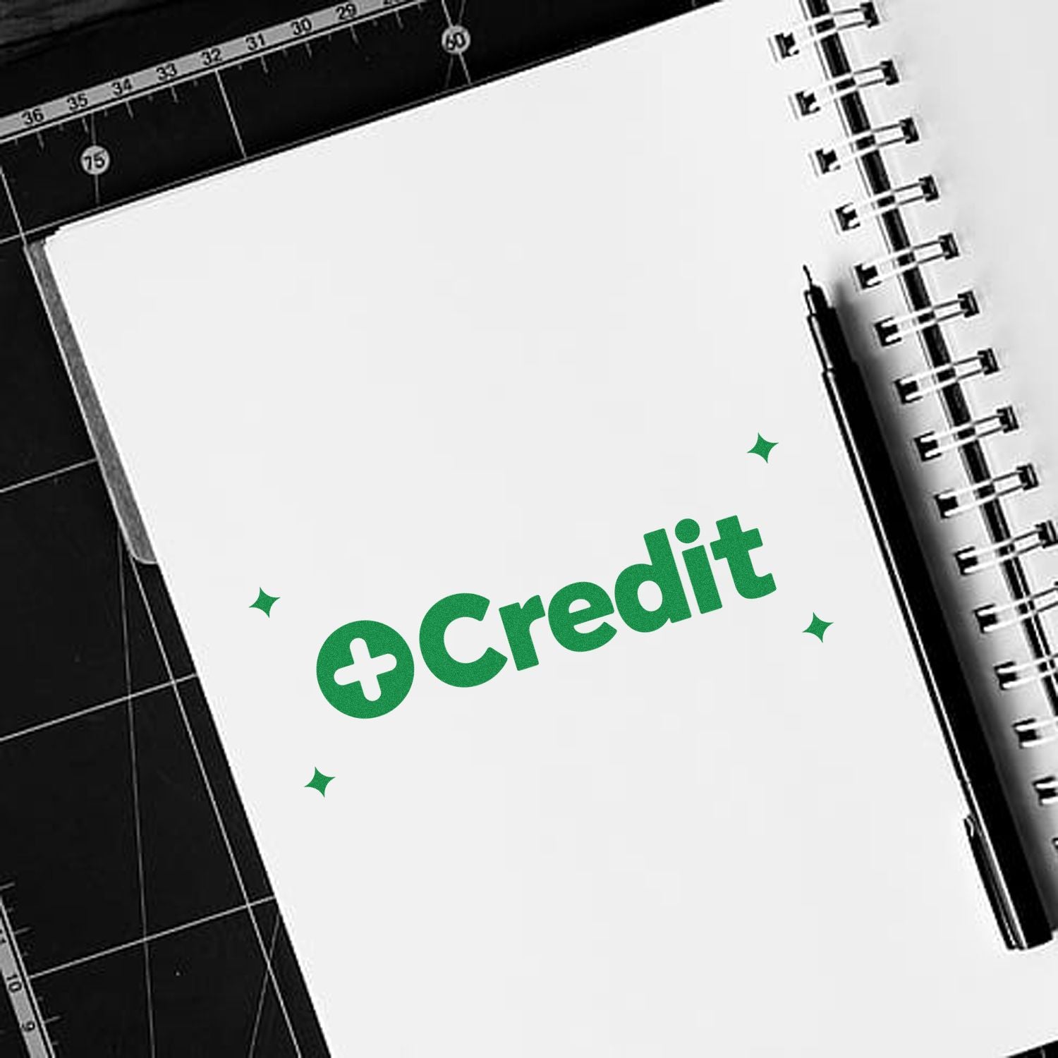 Green Credit stamp and seal logo on a white spiral notebook, with black pen and cutting mat background.