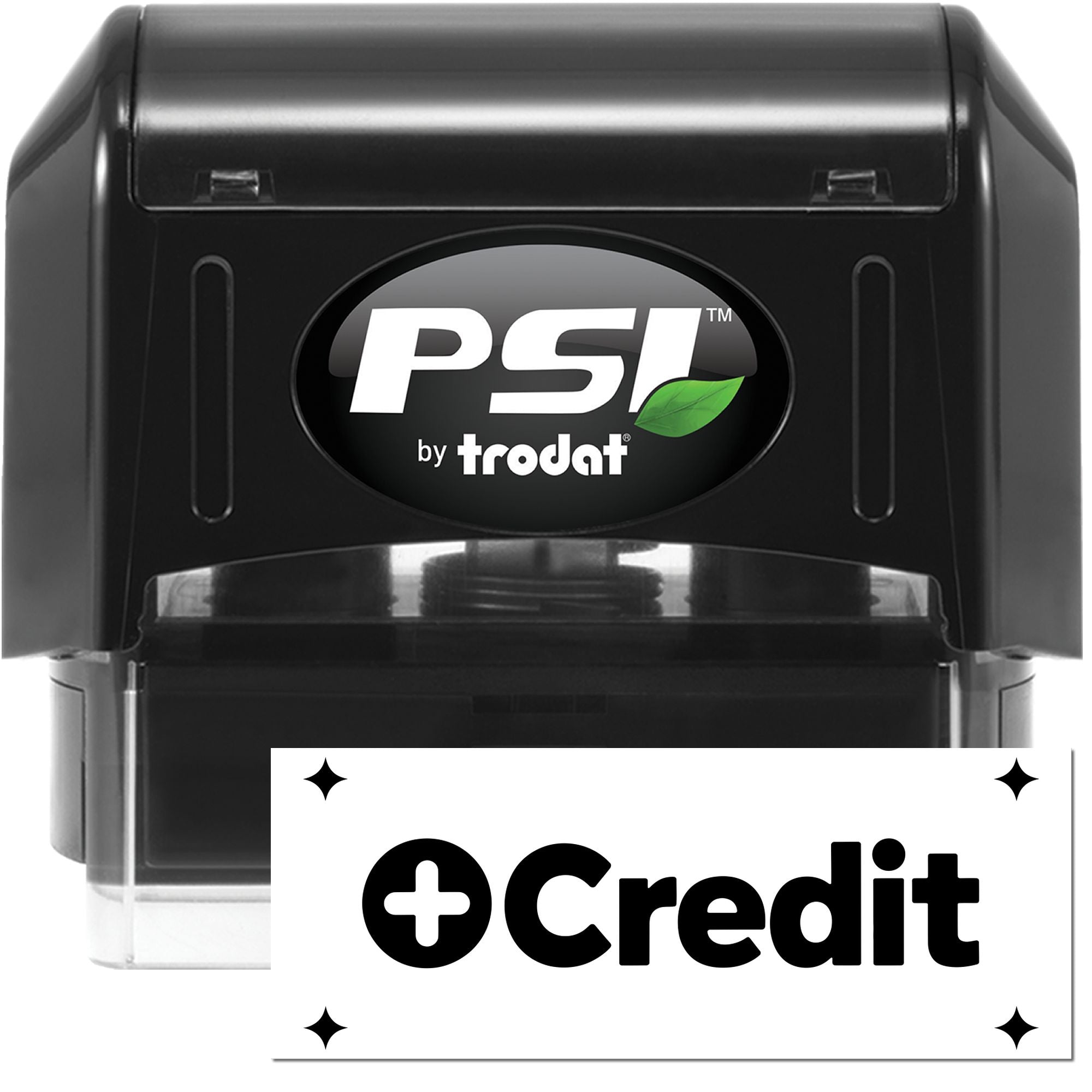 Black PSI by Trodat self-inking stamp with +Credit seal, black casing, green leaf logo, and clear base.