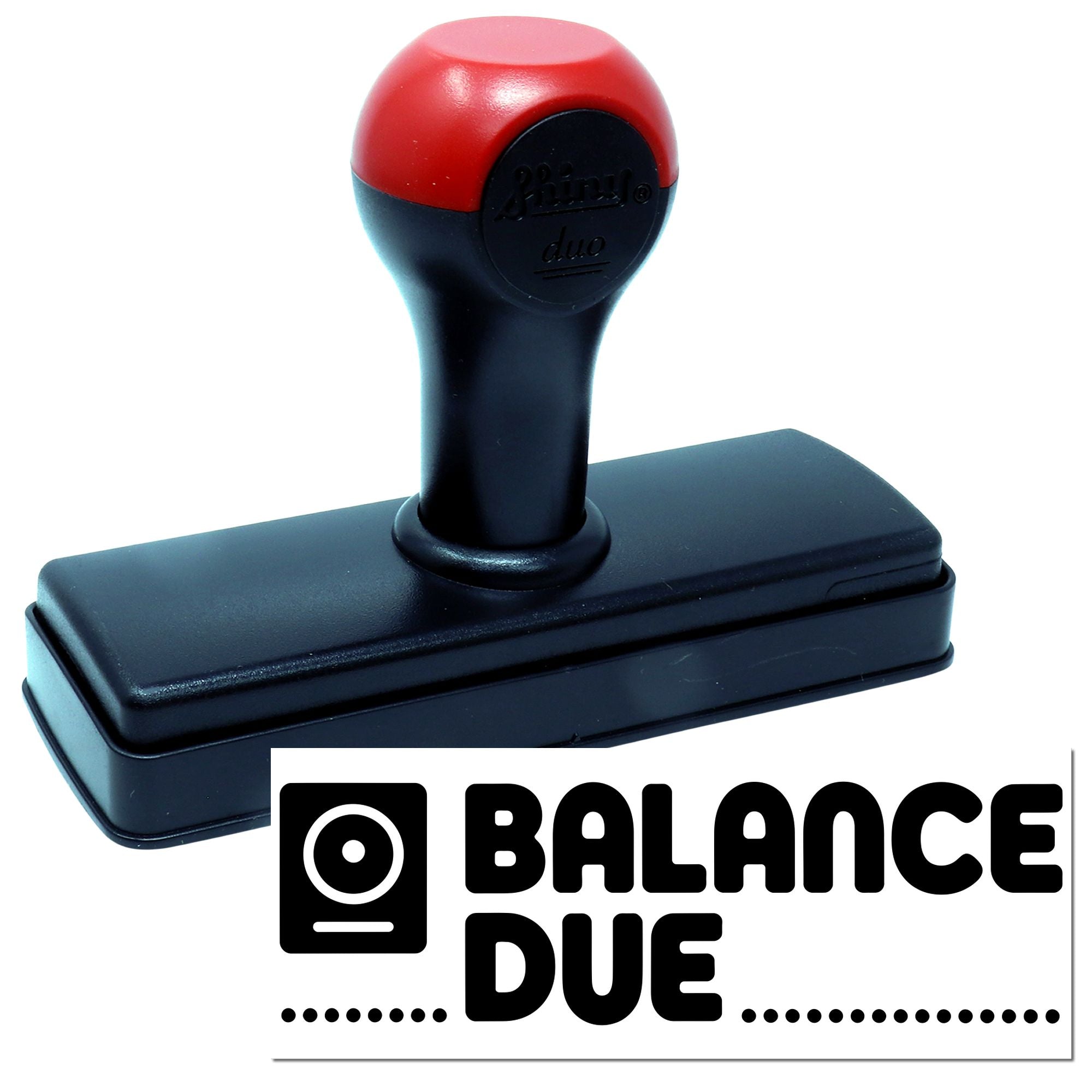 Red and black self-inking balance due stamp and seal with rectangular base and bold BALANCE DUE mark.