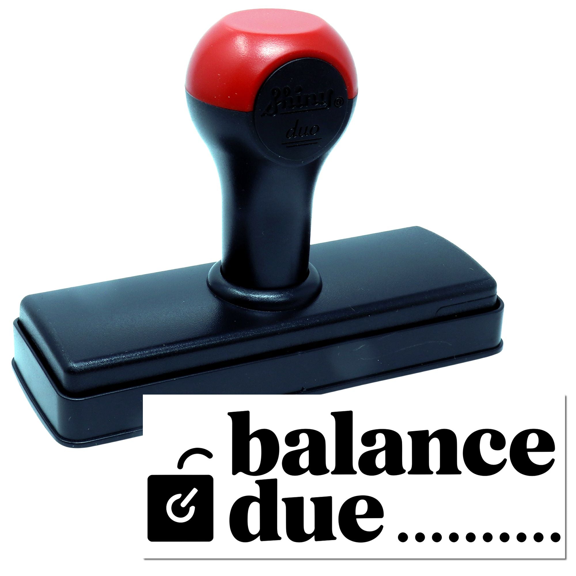 Red-and-black self-inking stamp and seal with rectangular black base and bold balance due lettering.