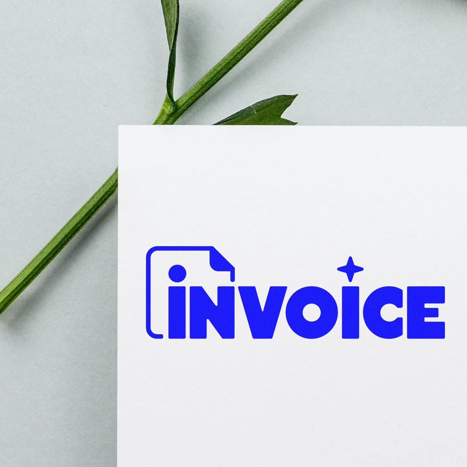Blue invoice stamp and seal with document icon on a white card, against a pale background and green stem.