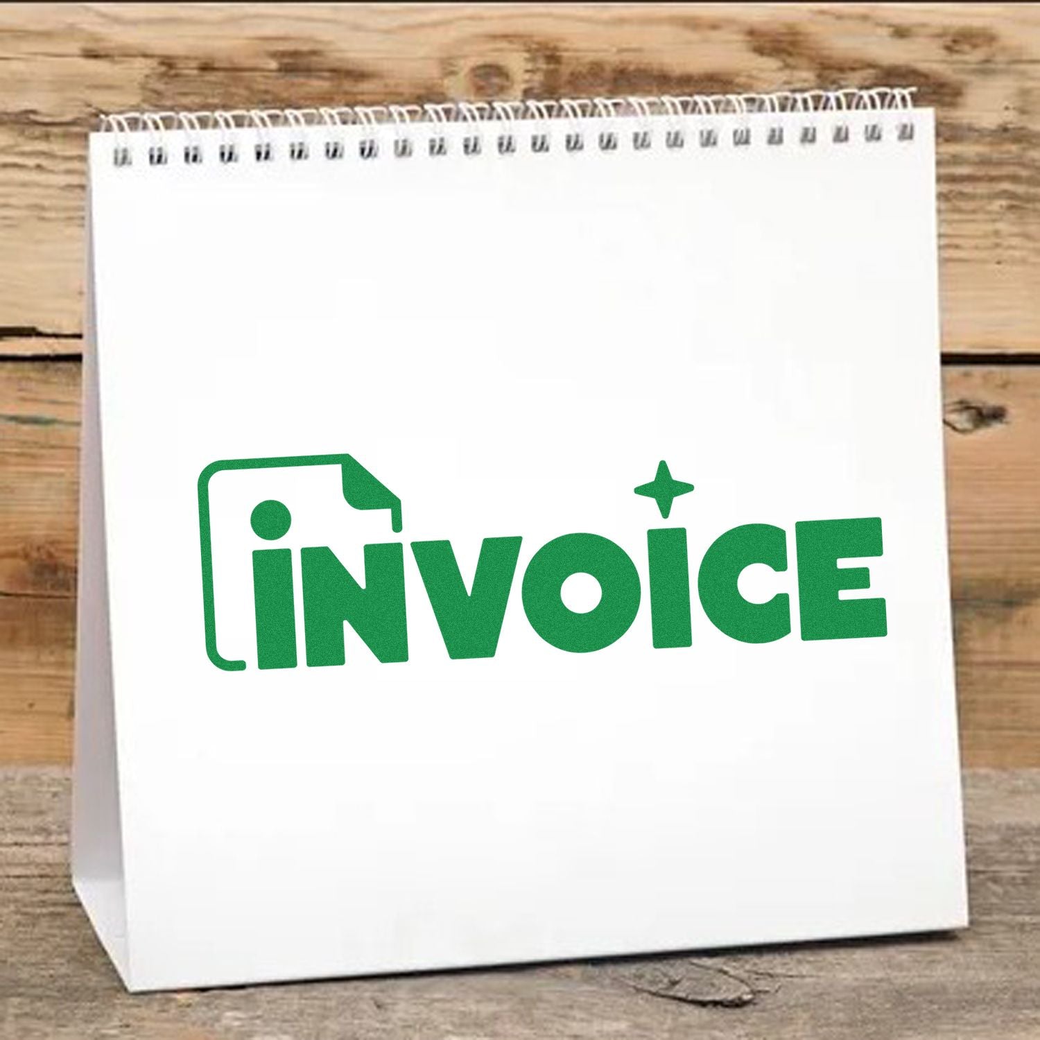 White spiral-bound notepad featuring a green invoice stamp and seal logo on a rustic wood table.