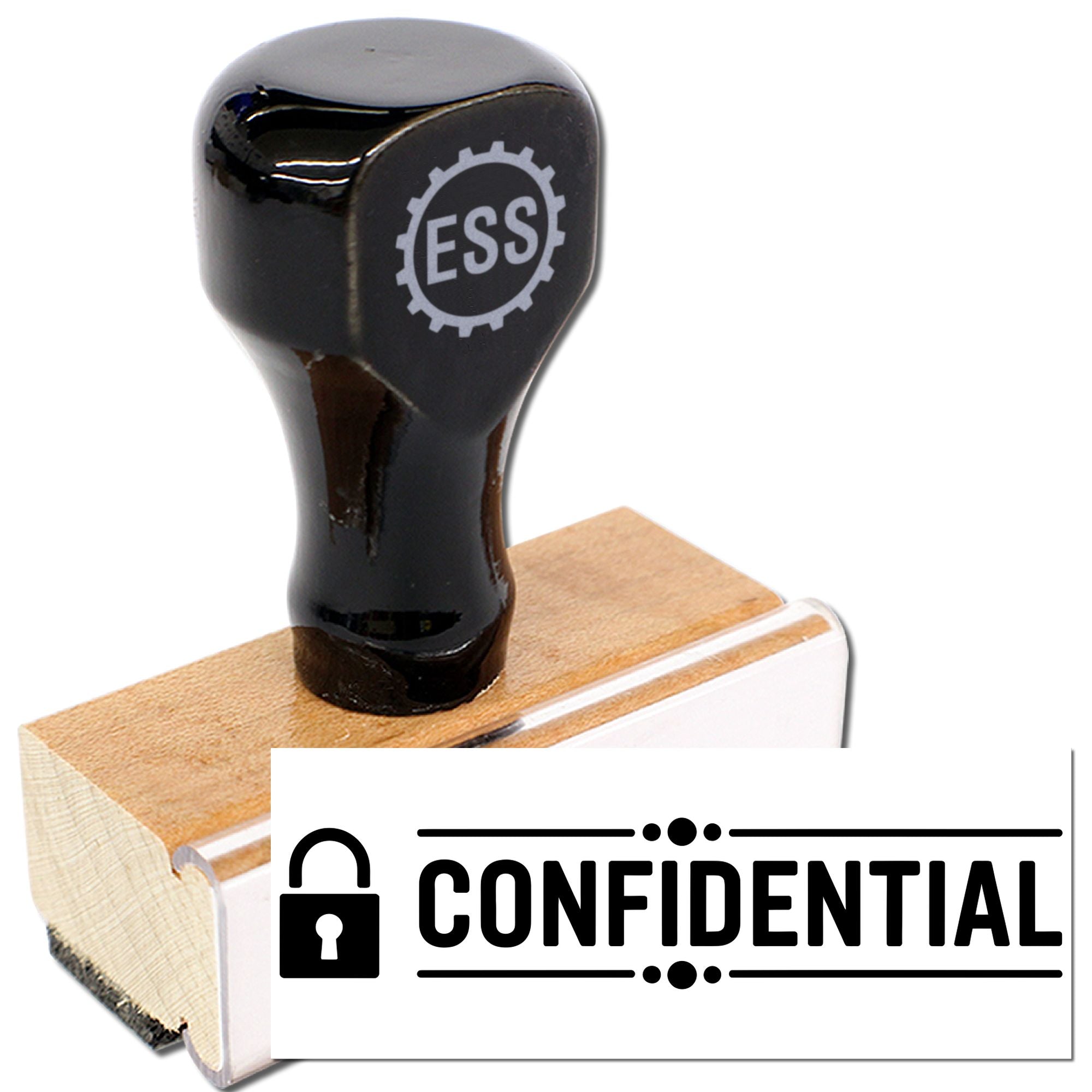 Black wooden stamp and seal with ESS logo beside a white CONFIDENTIAL label and padlock icon