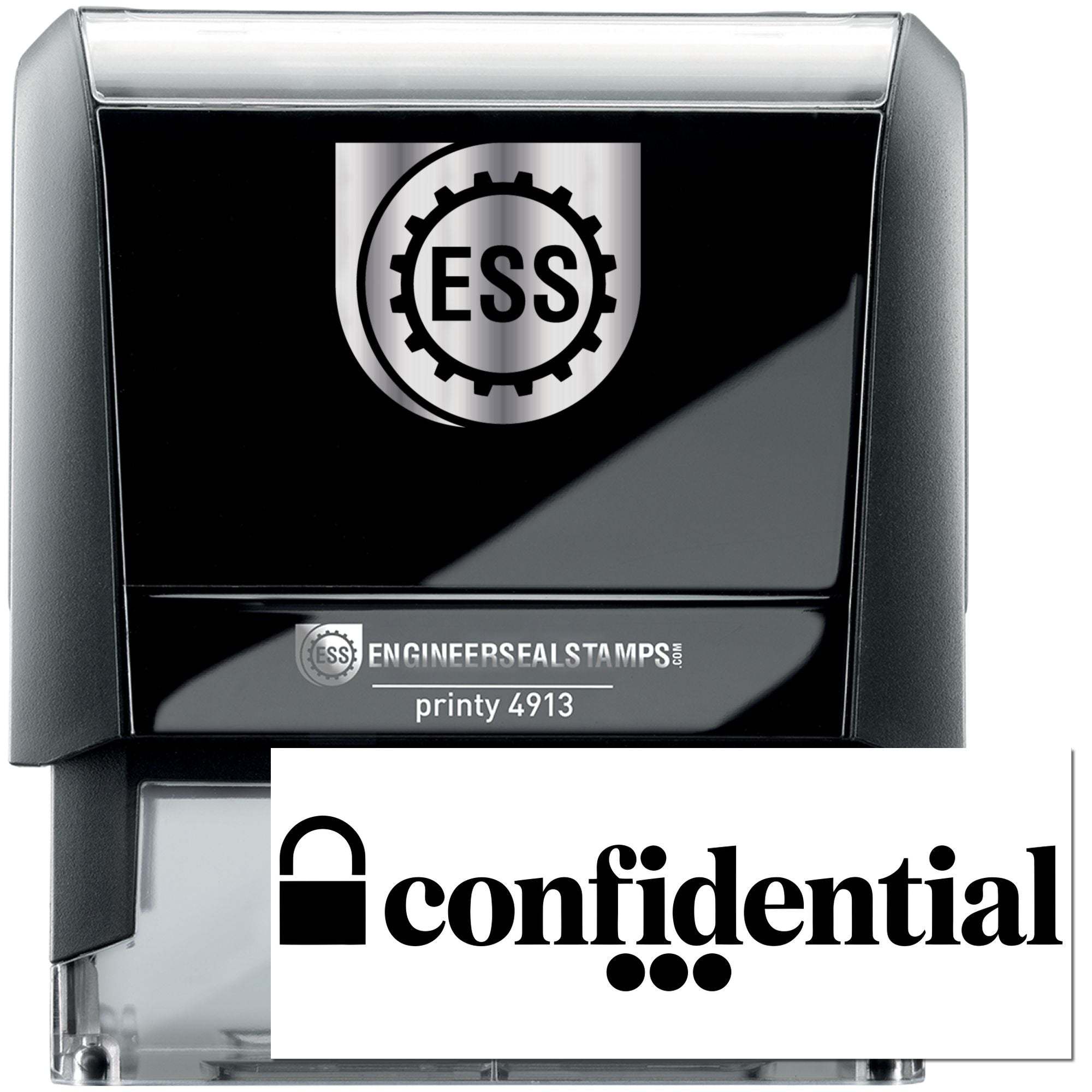 Black self-inking stamp and seal with silver ESS logo, lock icon, and confidential marking.