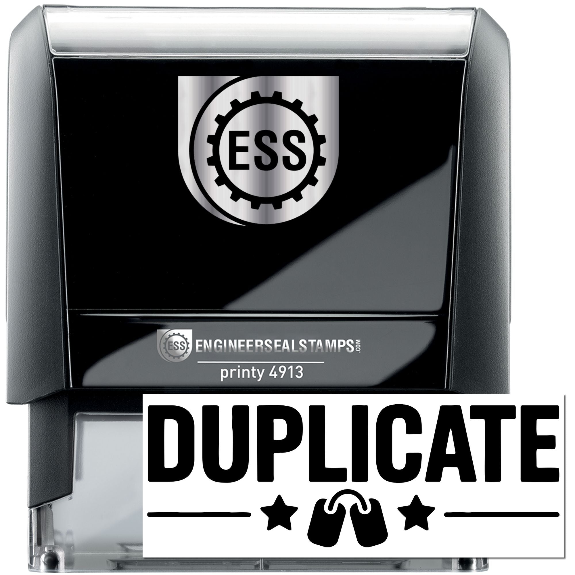Black self-inking ESS engineer seal stamp with silver top, gear logo, and white Duplicate impression card