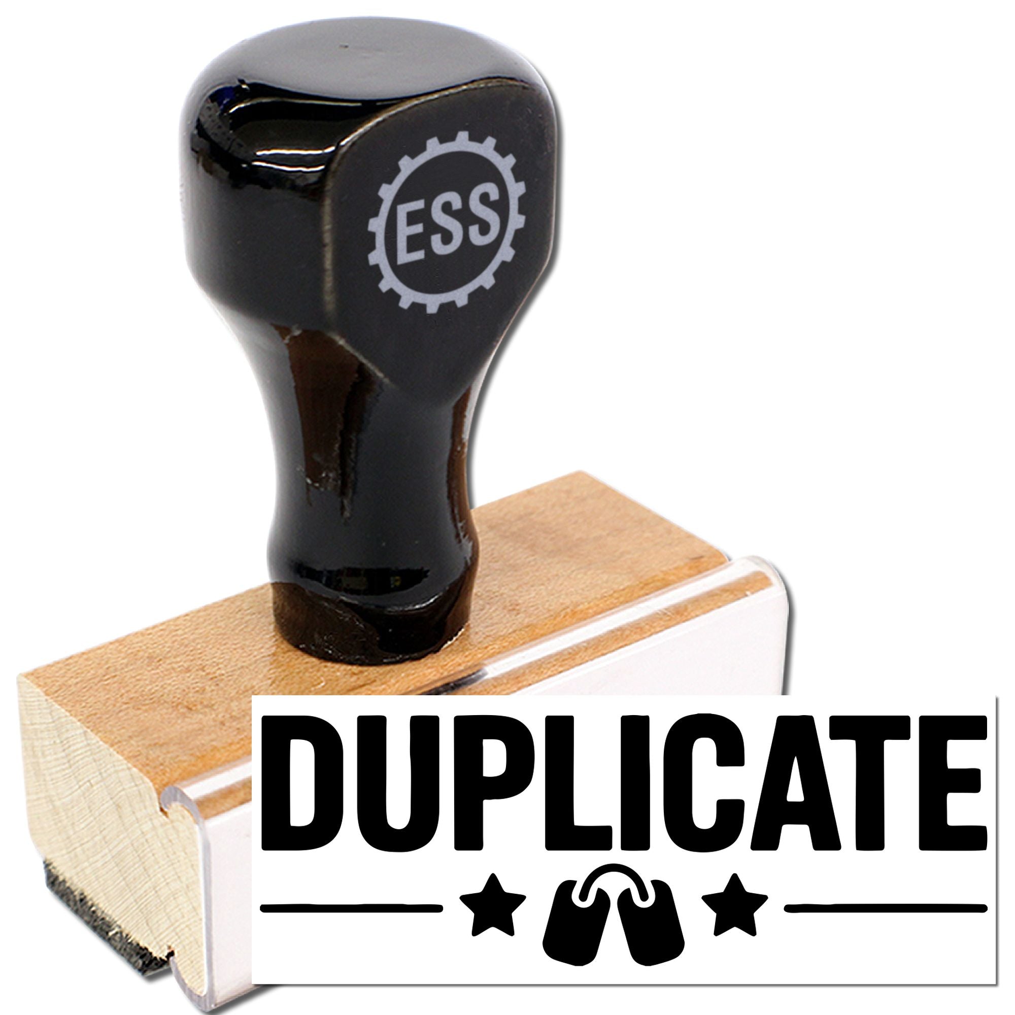 Black rubber stamp and wooden seal block with DUPLICATE label and ESS gear logo on white background.