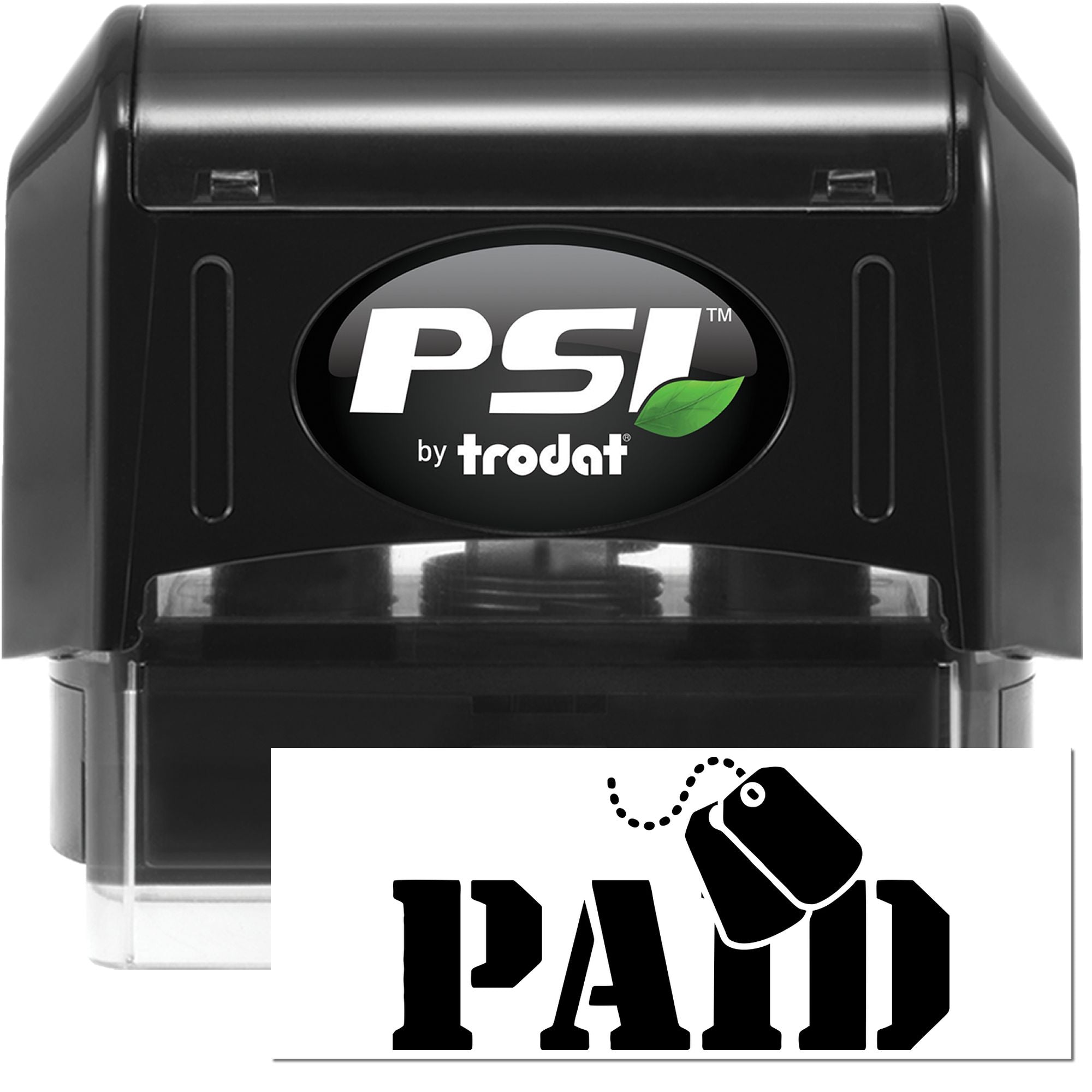Black PSI by Trodat self-inking paid stamp and seal with green leaf logo and white PAID impression.