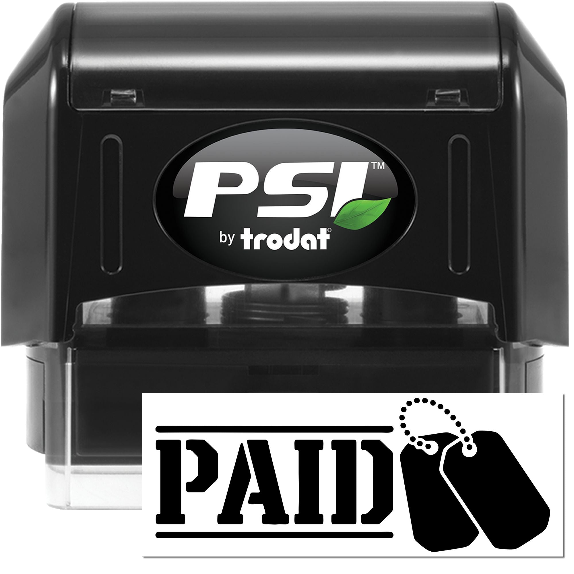 Black PSI by Trodat self-inking stamp with white PAID seal and hanging tag icon.