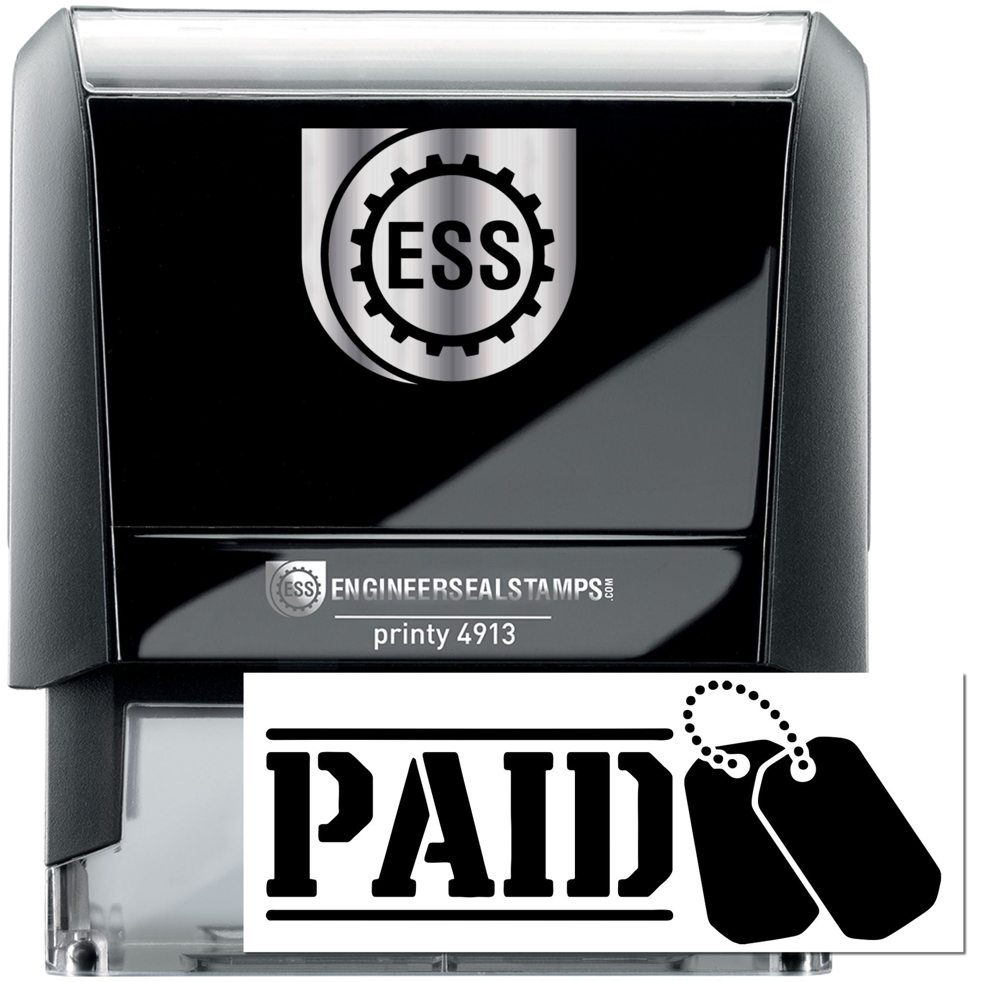 Black and silver self-inking Engineer Seal Stamps tool with ESS logo, seal gear, and PAID tag graphic.