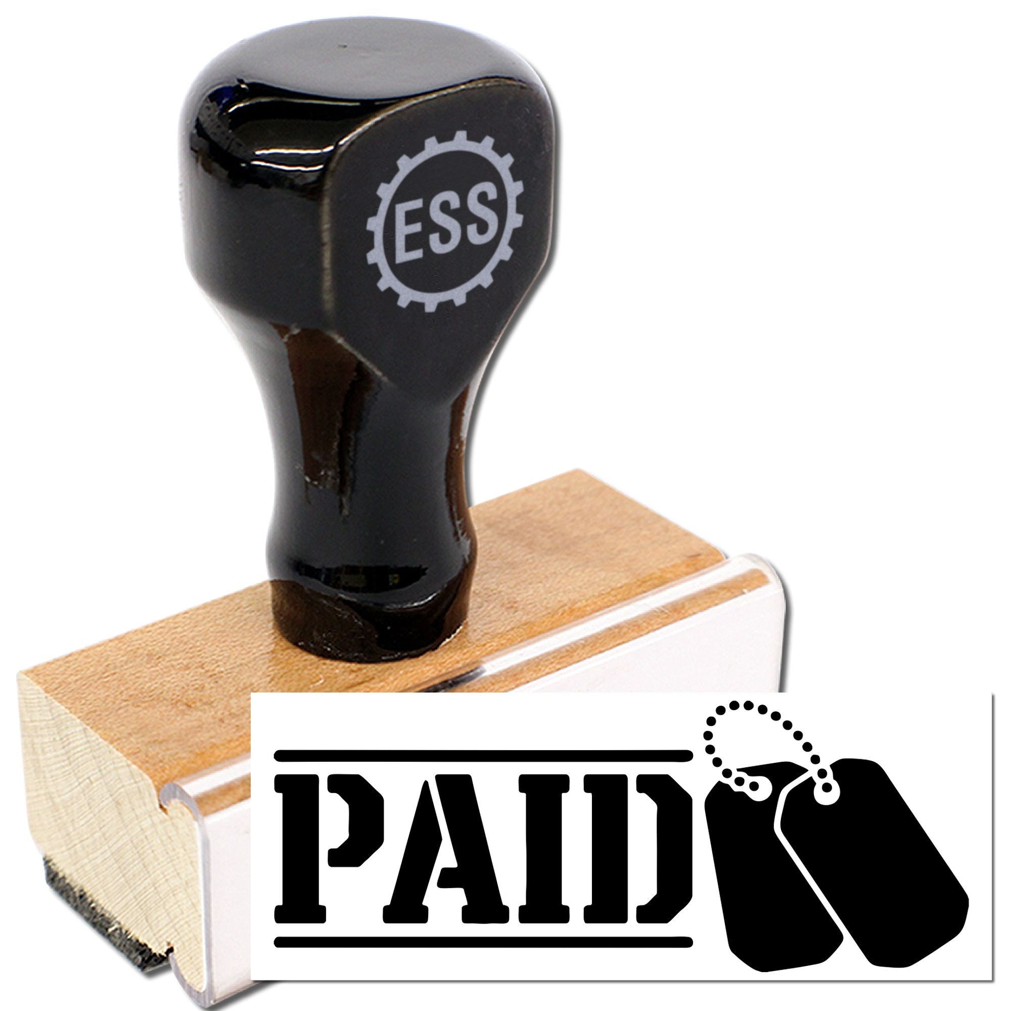 Black self-inking stamp and seal set with ESS logo, wooden base, and bold PAID imprint