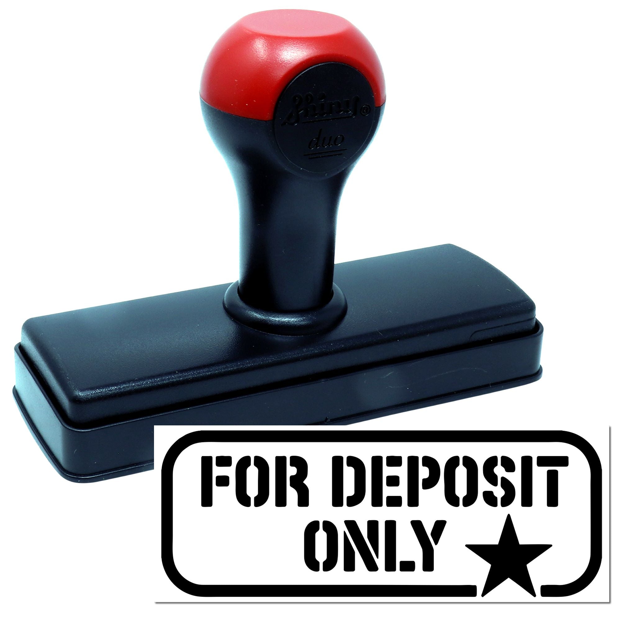 Red and black self-inking bank stamp with rectangular base and For Deposit Only endorsement seal