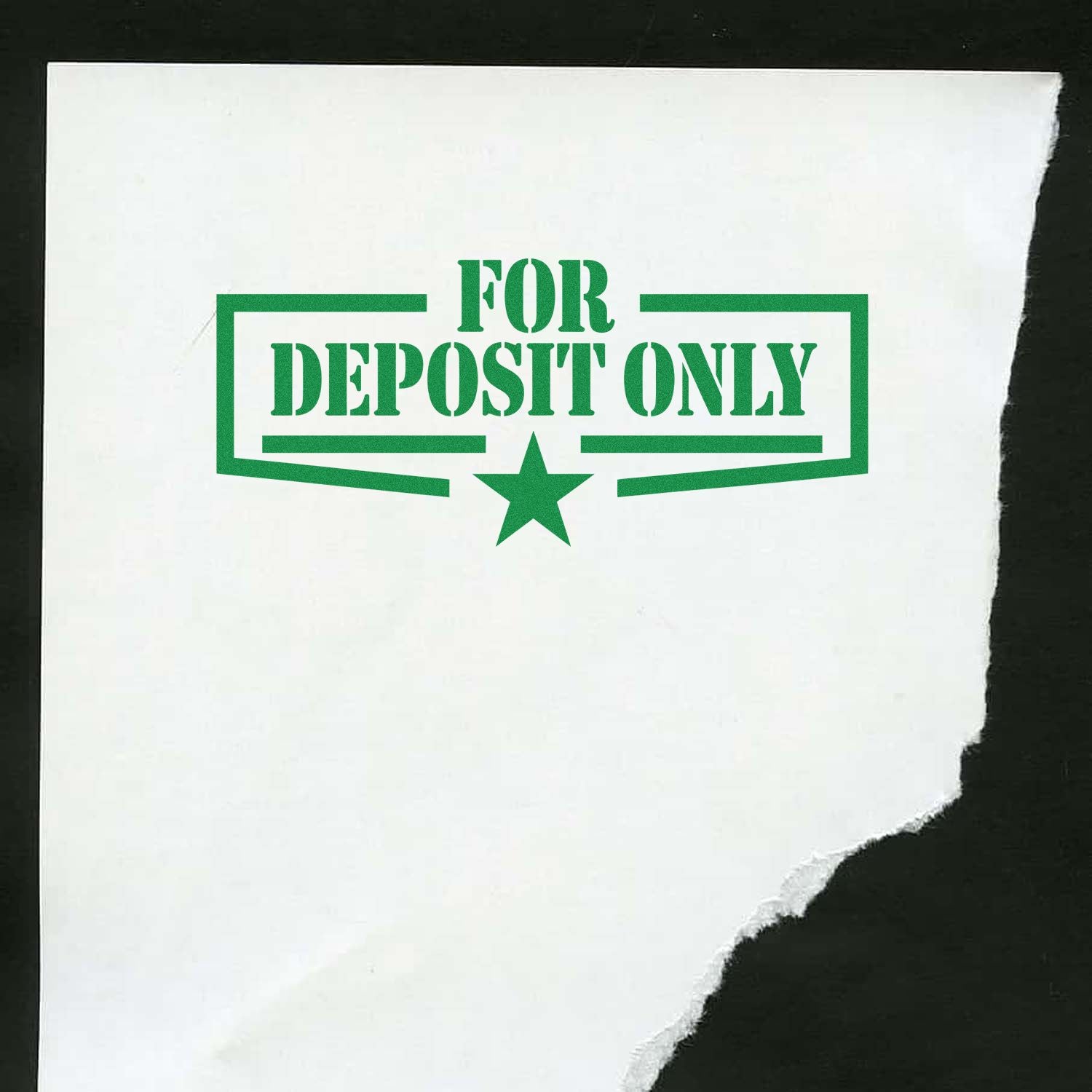 Green FOR DEPOSIT ONLY bank stamp seal on white paper with torn edges against a black background.