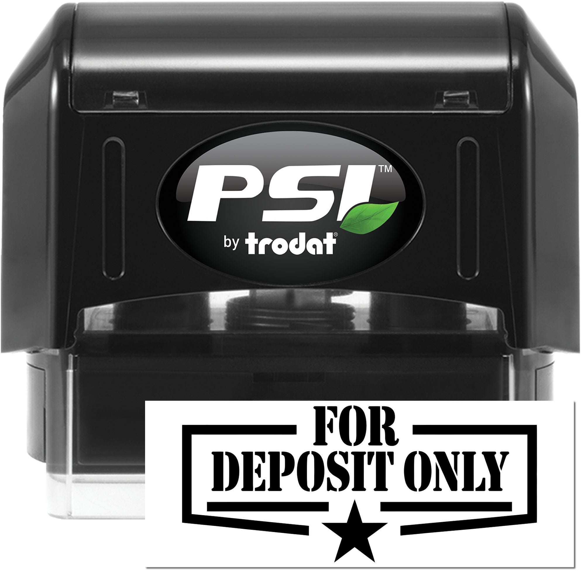 Black PSI by Trodat self-inking stamp and deposit-only bank seal with white lettering and star emblem.