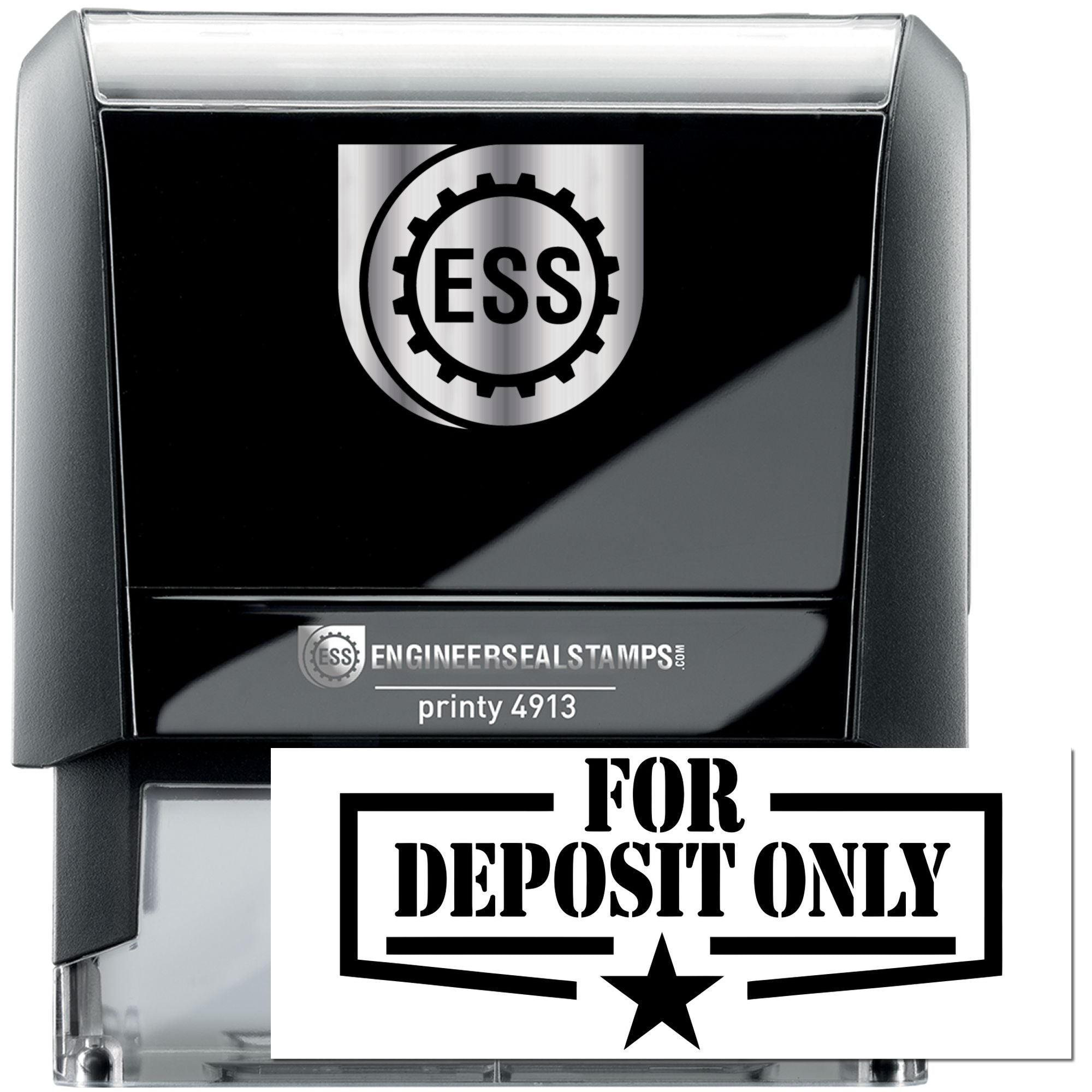 Black self-inking ESS engineer seal stamp, black and silver, showing a FOR DEPOSIT ONLY imprint.