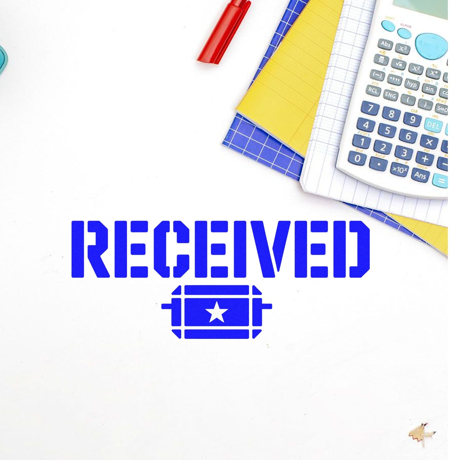 Blue RECEIVED stamp with star seal icon beside calculator, notebooks and red pen on a white desk.