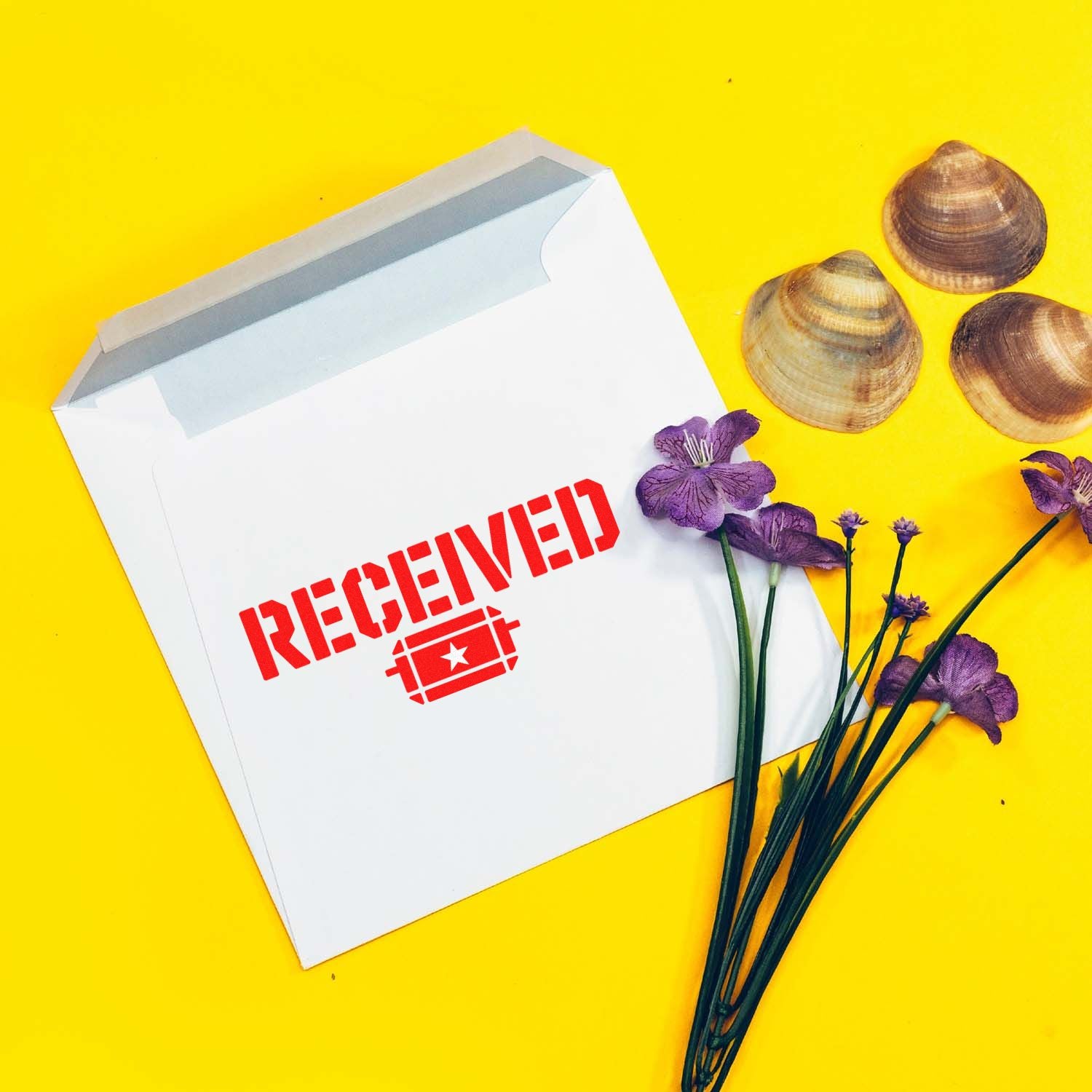 White envelope with red RECEIVED stamp and seal icon on a bright yellow background, accented by purple flowers and seashells.
