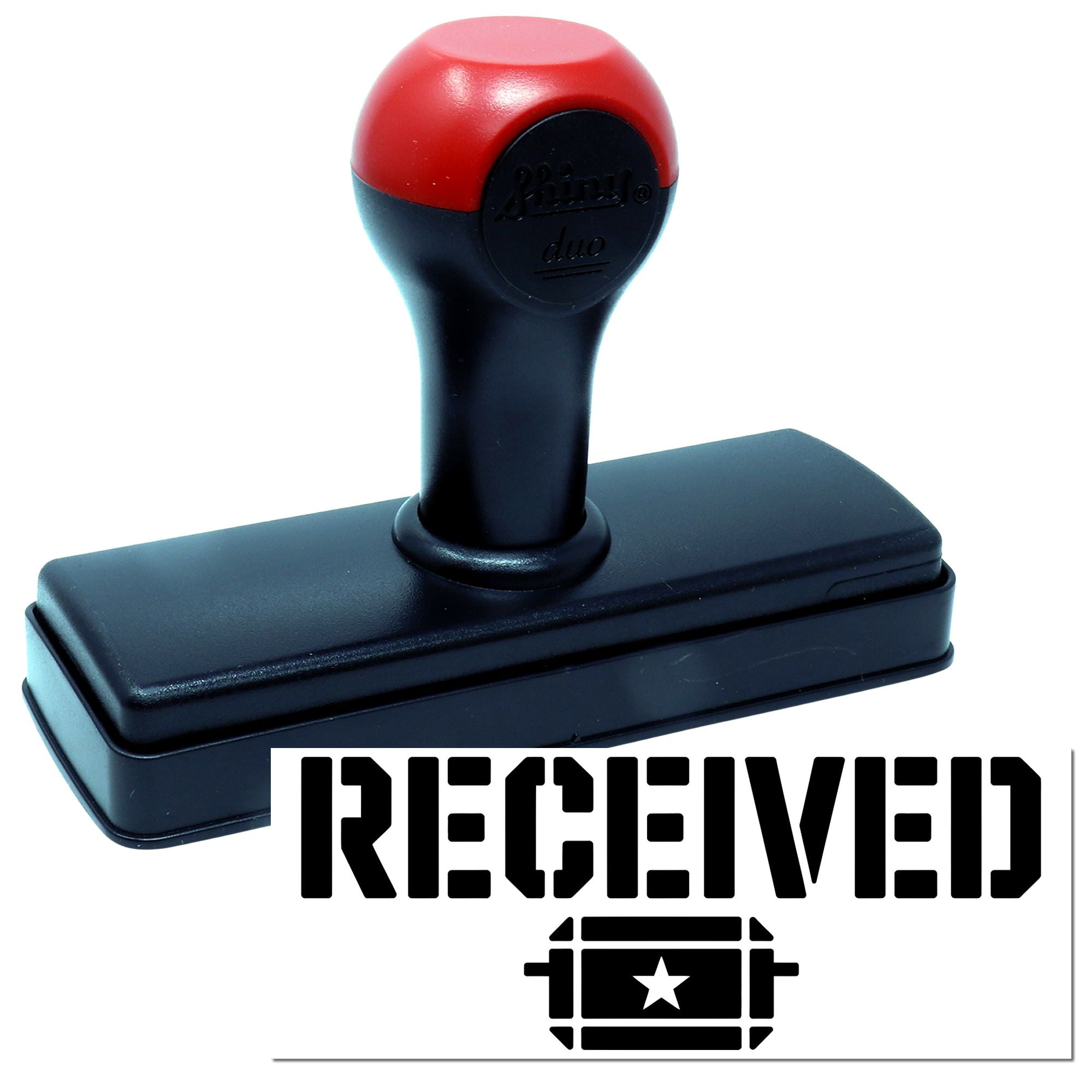 Red and black self-inking stamp with RECEIVED seal and star icon on white background