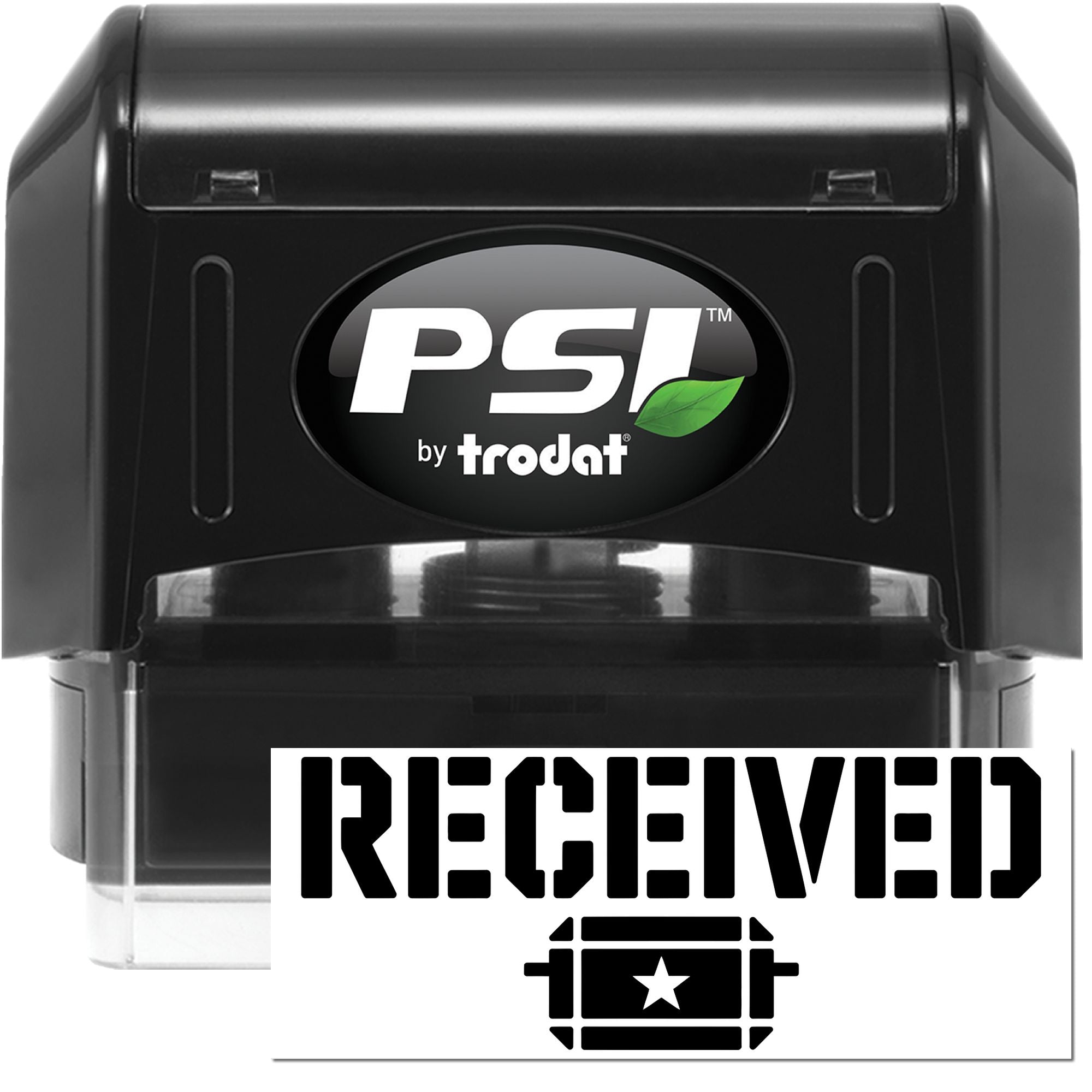 Black PSI by Trodat self-inking stamp with clear RECEIVED seal, white label, and star emblem.