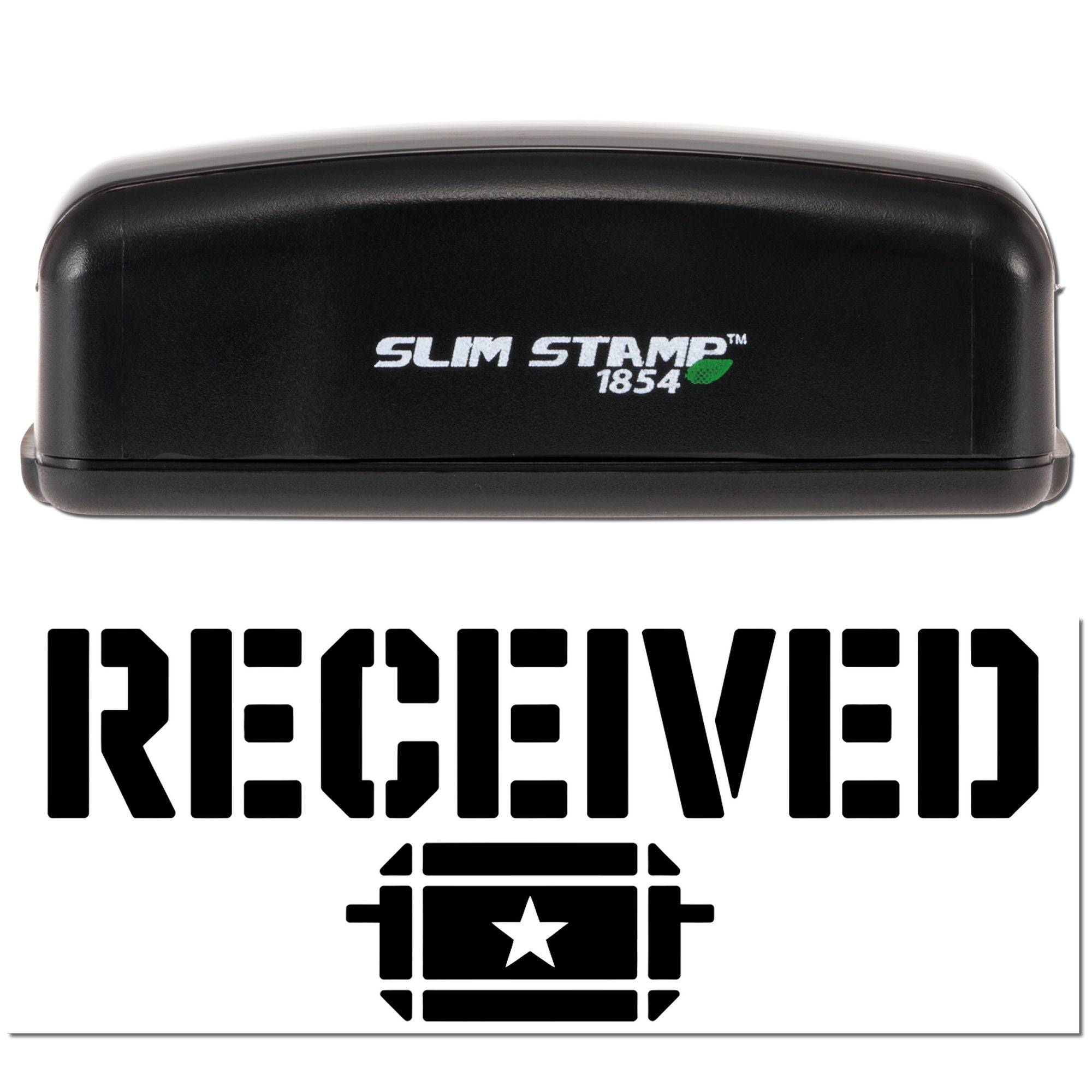 Black Slim Stamp 1854 stamp and seal embosser with white RECEIVED text and star seal icon on a white background.