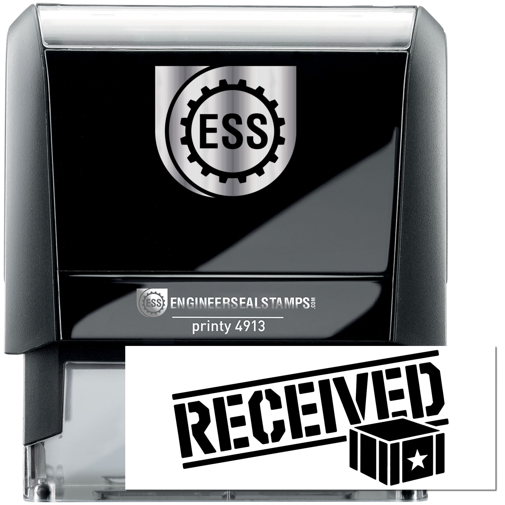 Black and silver self-inking engineer seal stamp with ESS logo and bold RECEIVED seal mark.