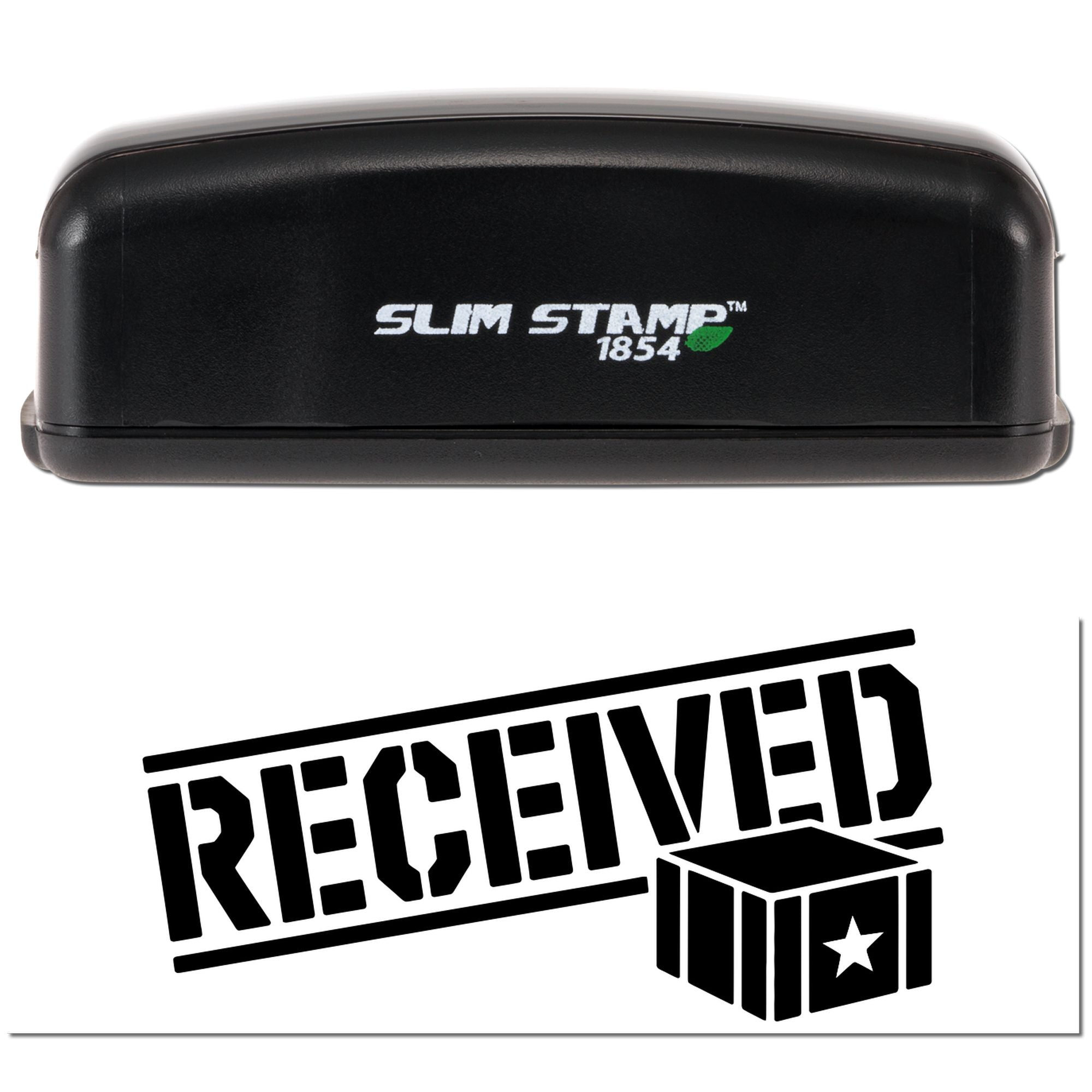 Black Slim Stamp 1854 self-inking stamp and bold RECEIVED seal graphic in black on a white background.