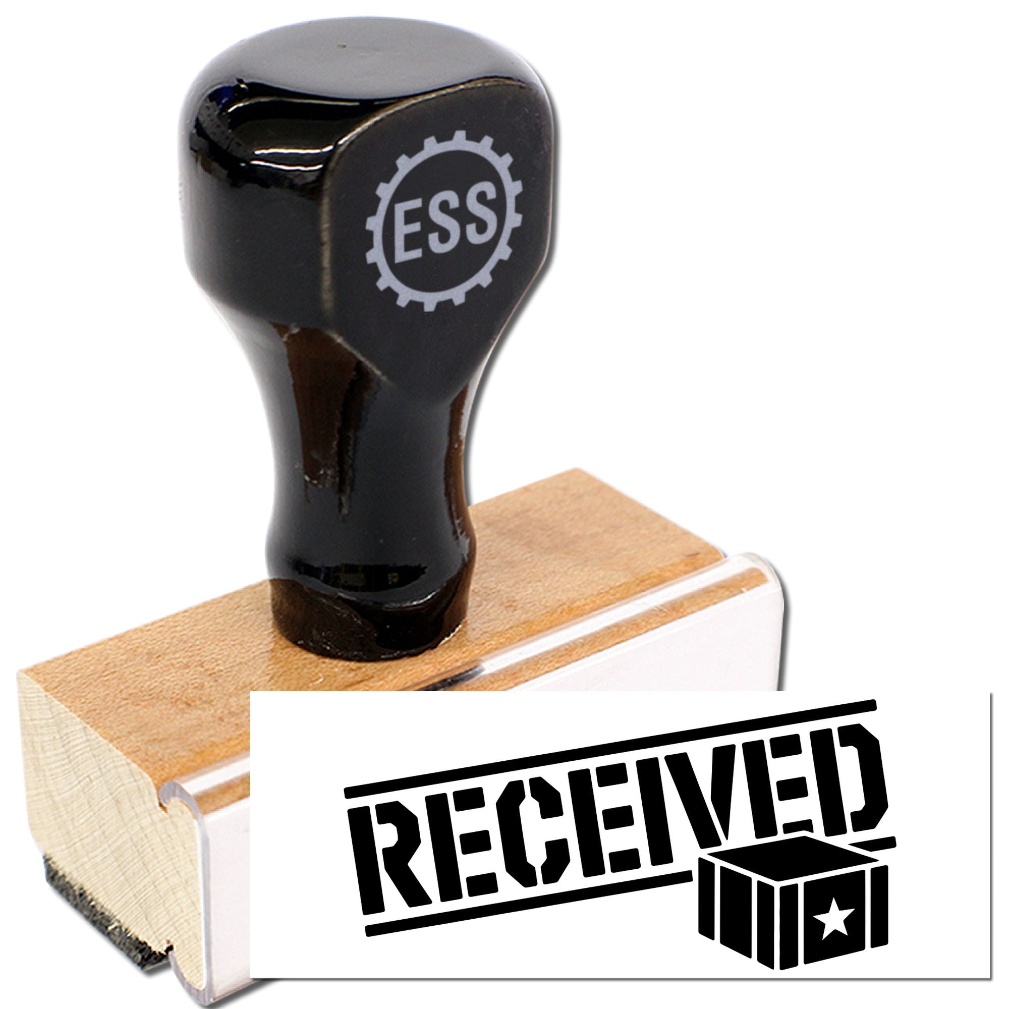 Black self-inking RECEIVED stamp and seal on a wooden base with bold white imprint.