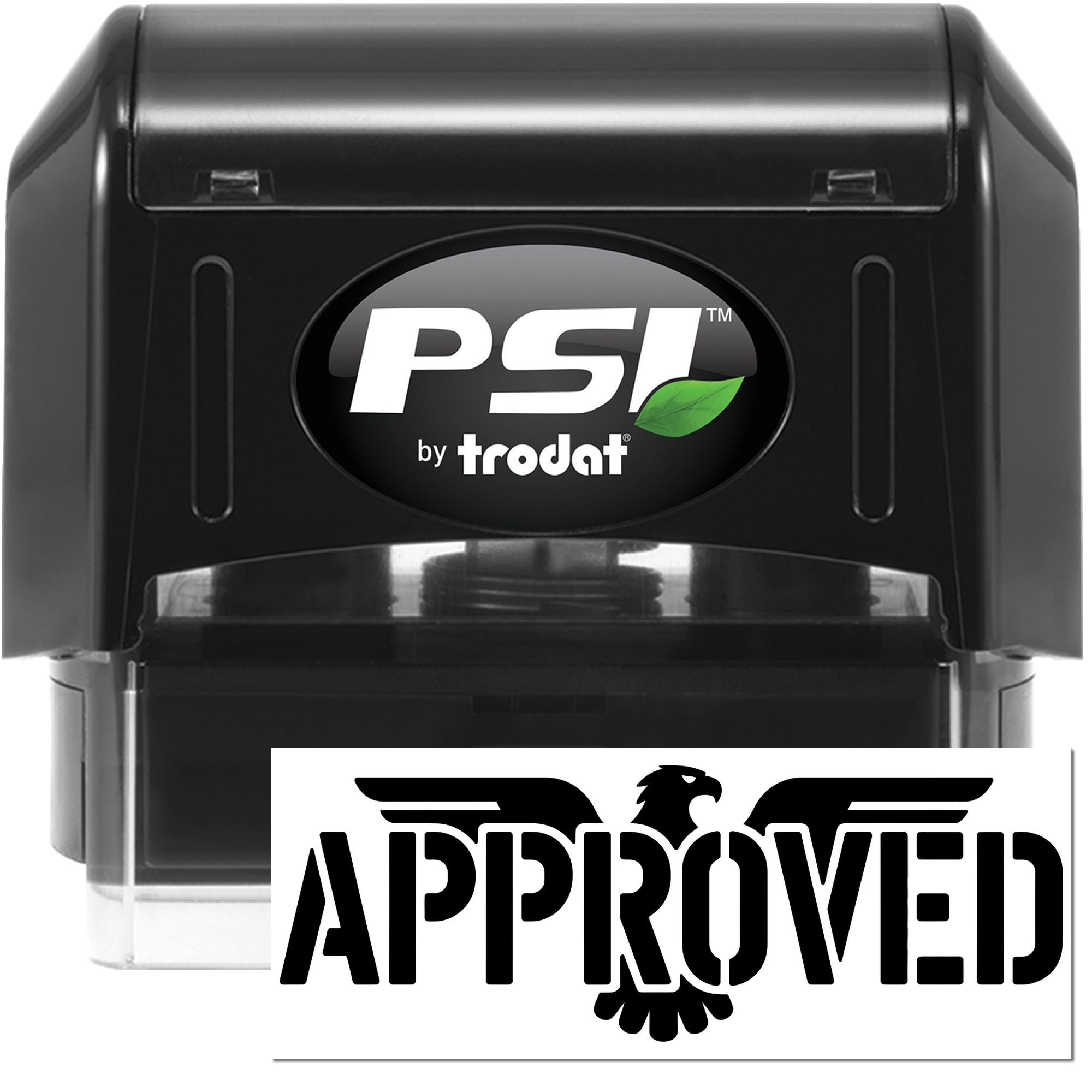 Black PSI by Trodat self-inking stamp with green leaf logo and white APPROVED seal imprint.