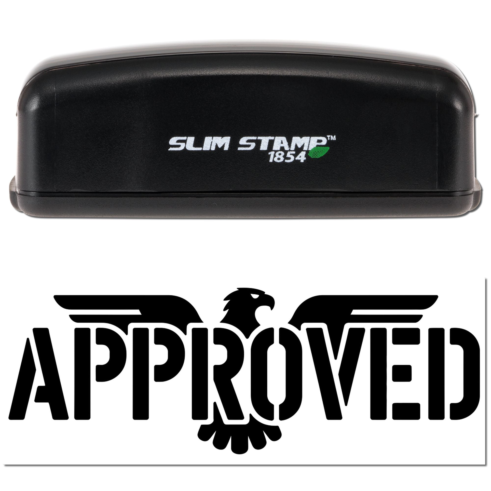 Black Slim Stamp 1854 self-inking stamp and seal with bold APPROVED eagle logo on white background